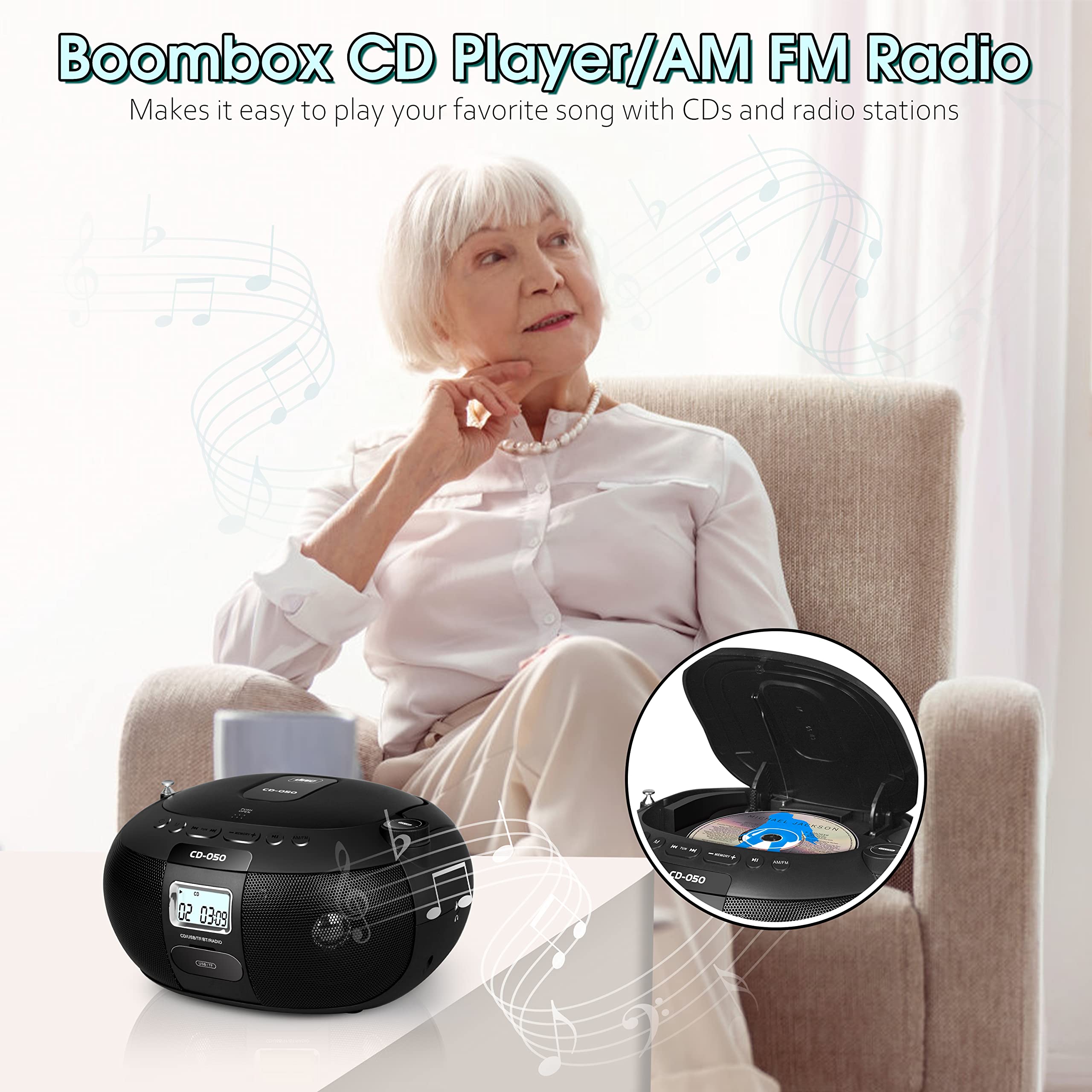 Greadio CD Player Portable Boombox with AM FM Stereo Radio, Bluetooth 5.0/TF Port/USB Drive,AC