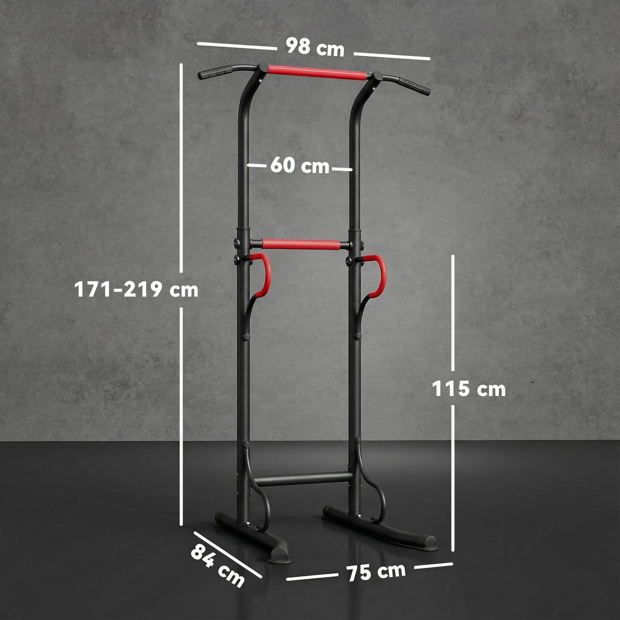 HOMCOM Power Tower Dip Station, Barra per Trazioni Power Tower Stazione Fitness Multifunzione con Altezza Regolabile 171-219cm, Nero Rosso