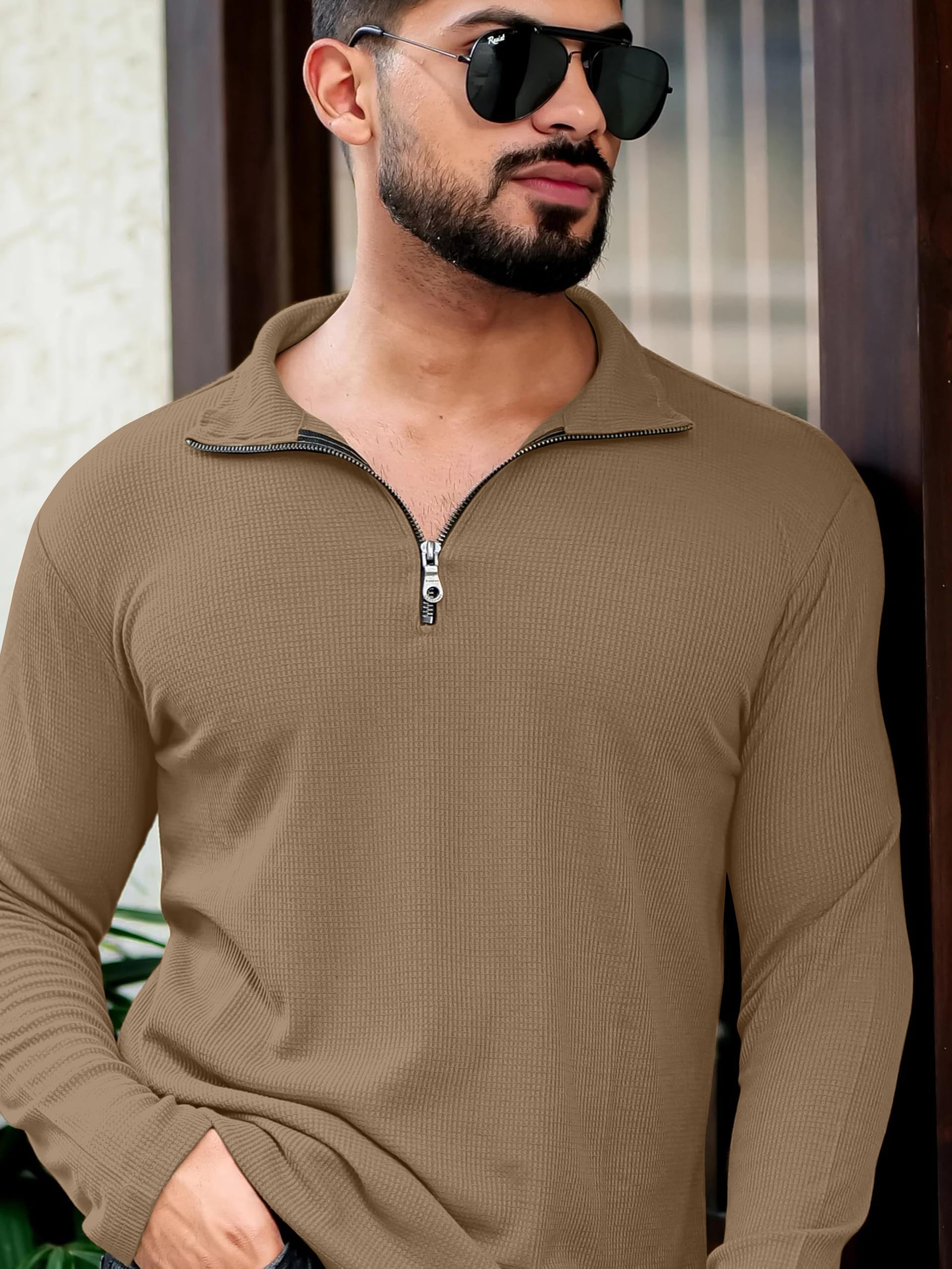 KAJARU Men's Polyester Blend T Shirt with Spread Collar Neck Line Zipper Closure Full Sleeves Solid Pattern Regular Fit and Standard Length - Image 3 thumbnail