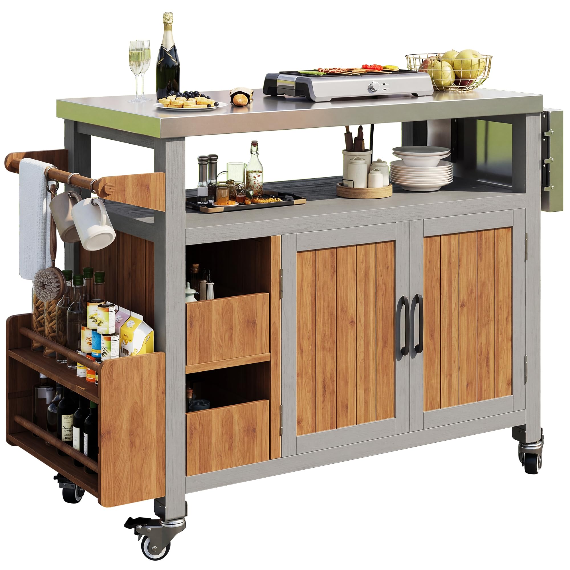 BBQ Beistelltisch, Beweglicher Gartenschrank, wetterfest, Arbeitsplatte aus Edelstahl, Grillwagen, Servierwagen mit ausziehbarer Seitenablage, 3 Haken, Regal für Snacks und Gewürze