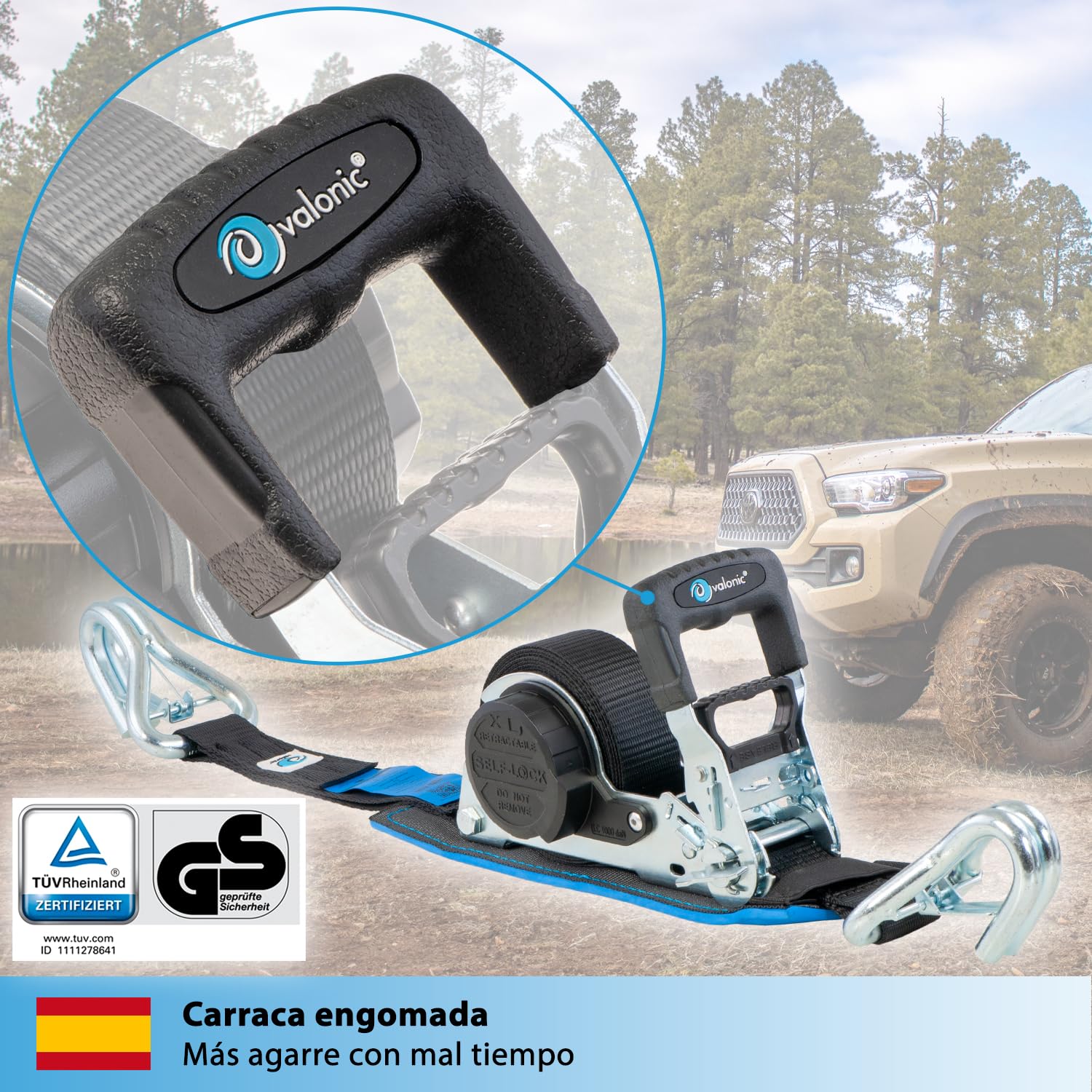 valonic Grizzly - 2X 5m XXL Cinchas de Amarre automáticas con mosquetón, 35mm, 800/1600 KG, Acolchadas, Certificado TÜV Rheinl. & GS, EN-12195-2 - con trinquete, Negro