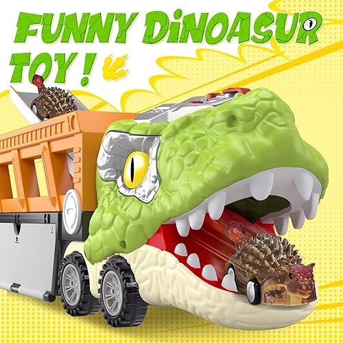 Miniatura 2 de SpringFlower Juguetes de dinosaurio 11 en 1, juguetes de dinosaurio para niños de 3 a 5 años, camión de dinosaurios con 10 autos de tracción hacia