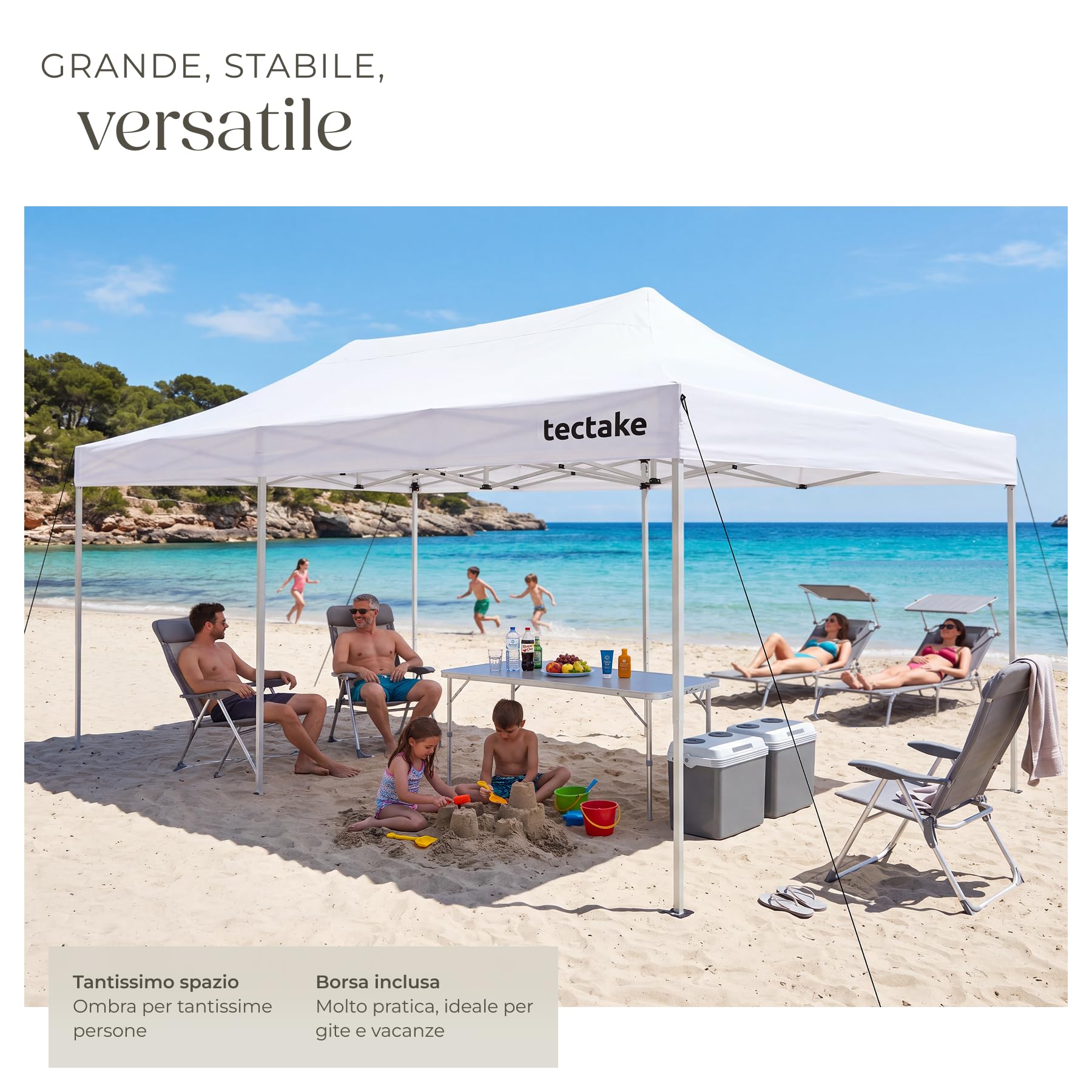 tectake® Gazebo esterno resistente 3X6 cm, Gazebo 3X6 Pieghevole, Telo Impermeabile Protezione UV, Chiusura Scorrevole, Regolabile in 4 Posizioni, 4 Corde e 10 Picchetti, Borsa da trasporto - Bianco