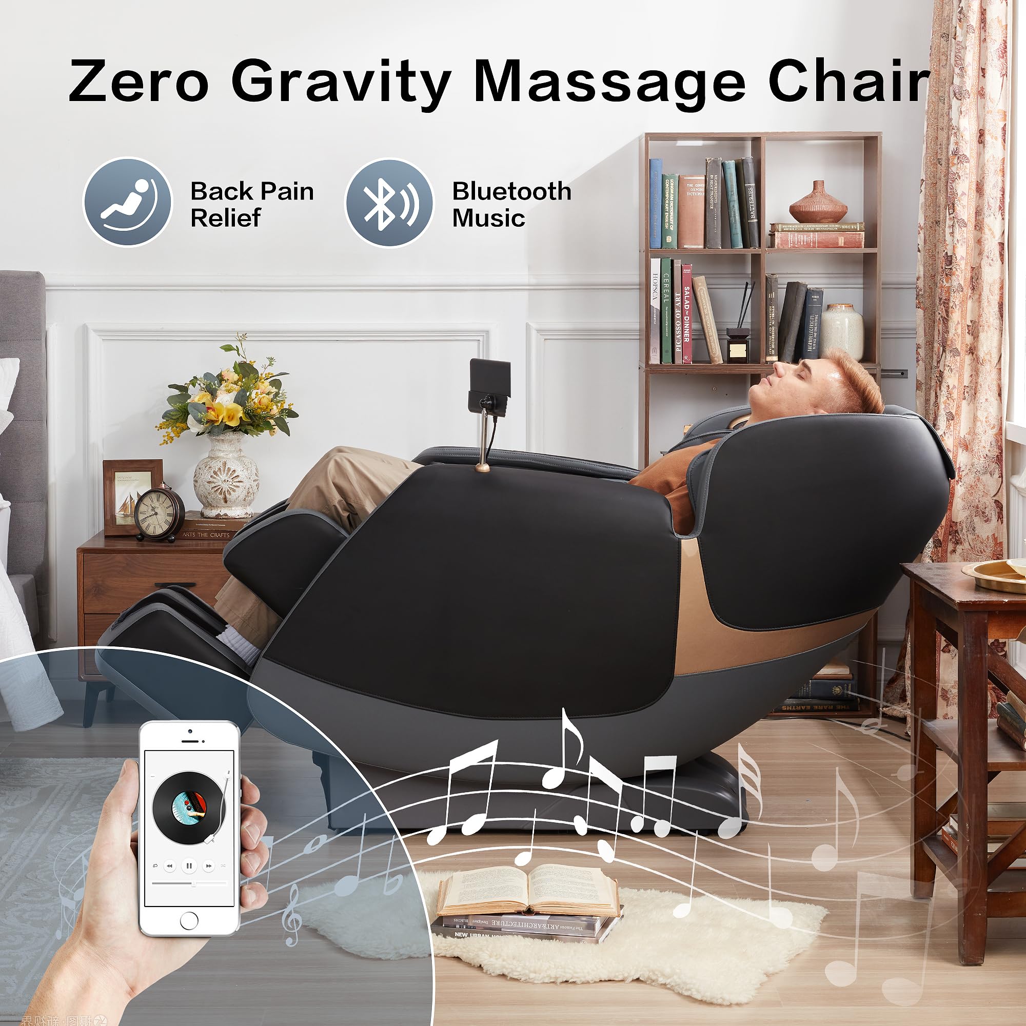 ROTAI Massagesessel, Vollkörper Zero Gravity SL-Spur Shiatsu-Massagesessel mit Heizung, Bluetooth, Fußroller, Wadenknetmassage(Schwarz)