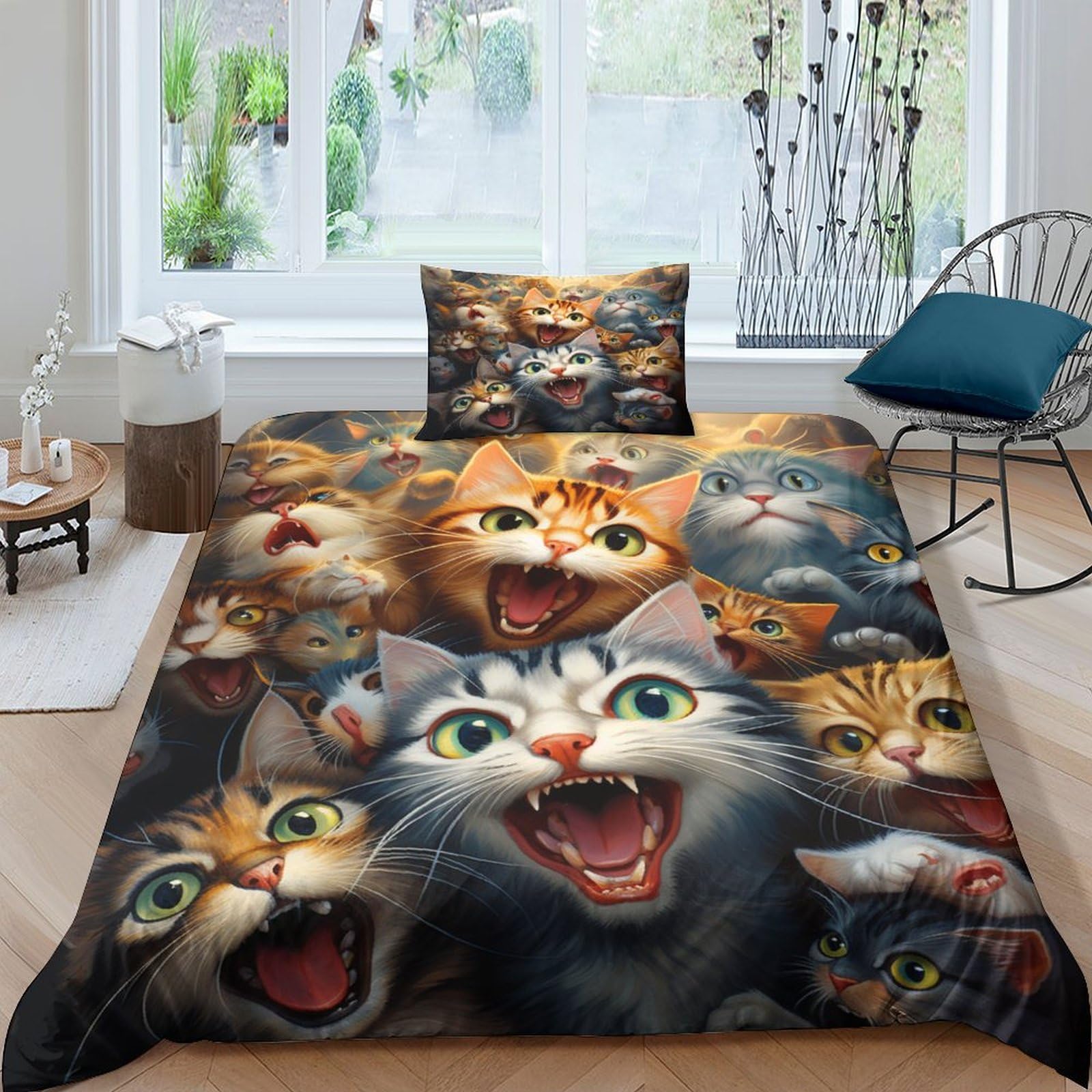 Parure de lit chat 3D avec housse de couette microfibre 135x200 et taie d'oreiller respirante