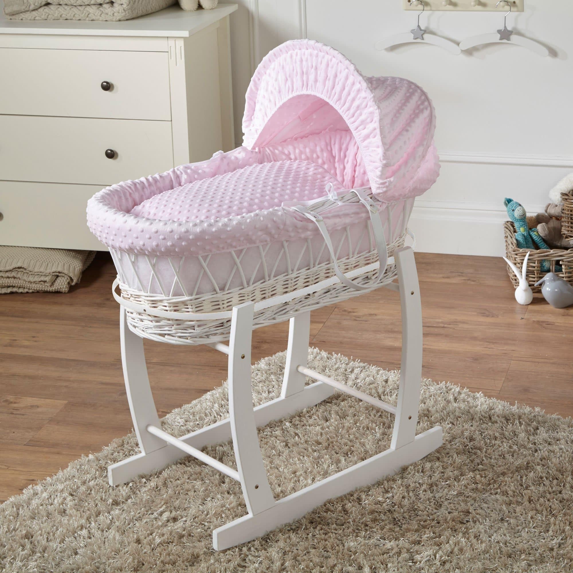 For Your Little One Pink Dimple White Wicker Moses Basket with White Rocking Stand