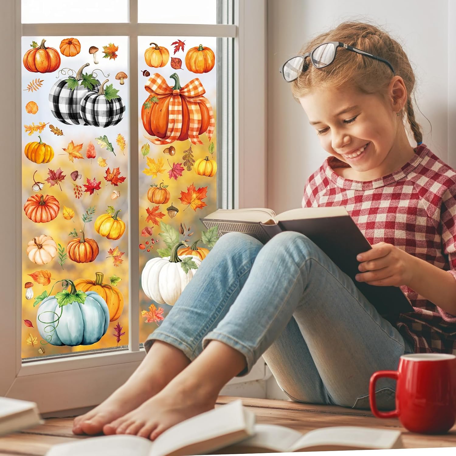 XZENTIRA 8 Sheets Fall Window Clings Pumpkin Glass Window Clings Fall Decorations for Home Pumpkin Leaves Window Stickers Decor for Autumn Home Thanksgiving Decor