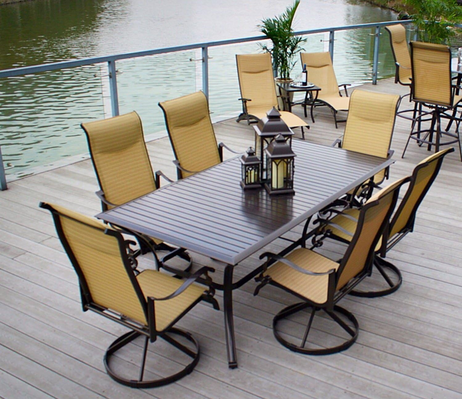 Pebble Lane Living All Weather Outdoor 7 Piece Cast Aluminum Patio Dining Set, 1 Slat Top Dining Table, 6 Swivel Rocking Dining Chairs with Padded Headrest