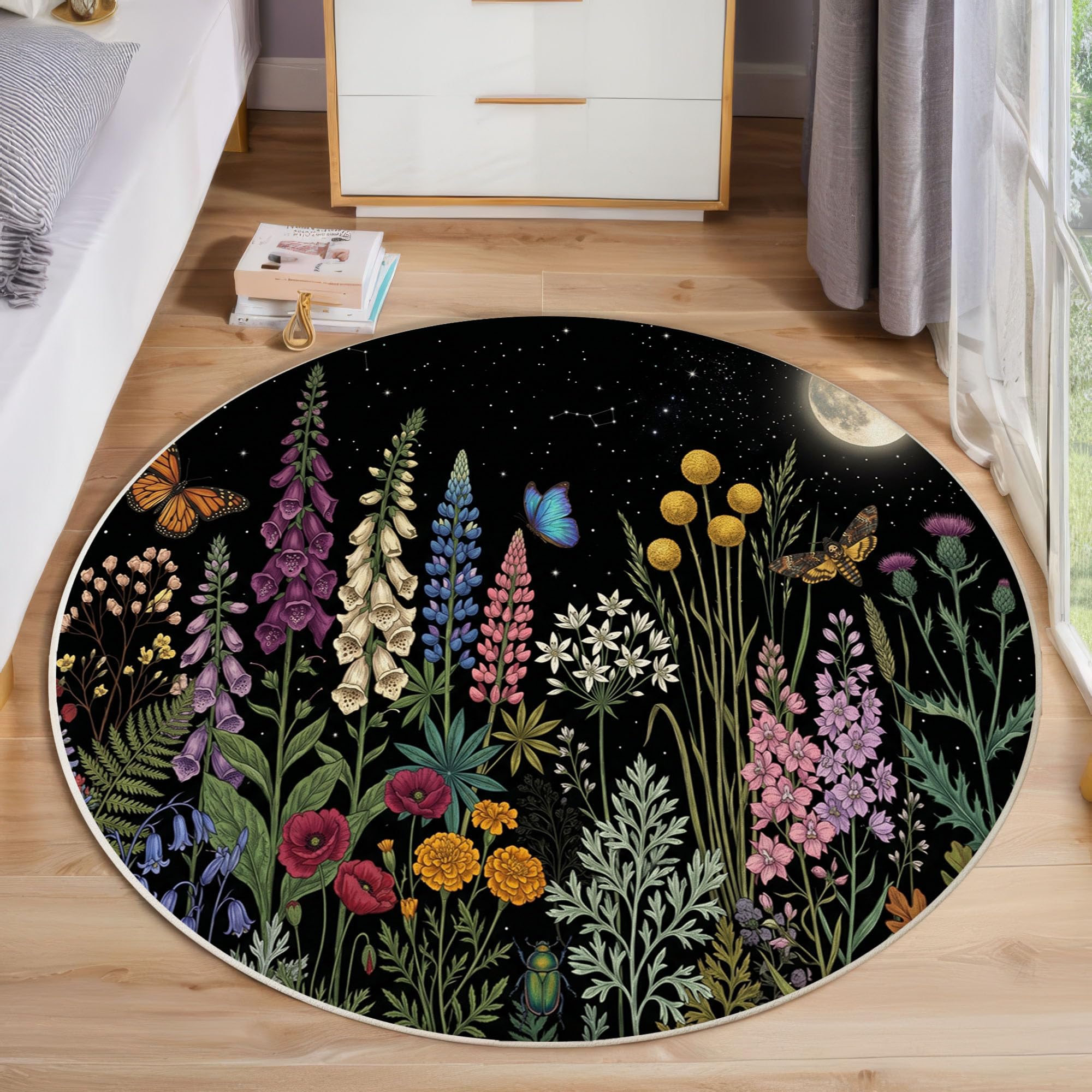 Tapis Rond Fleurs Sauvages De Pleine Lune 100 cm Lavable Machine