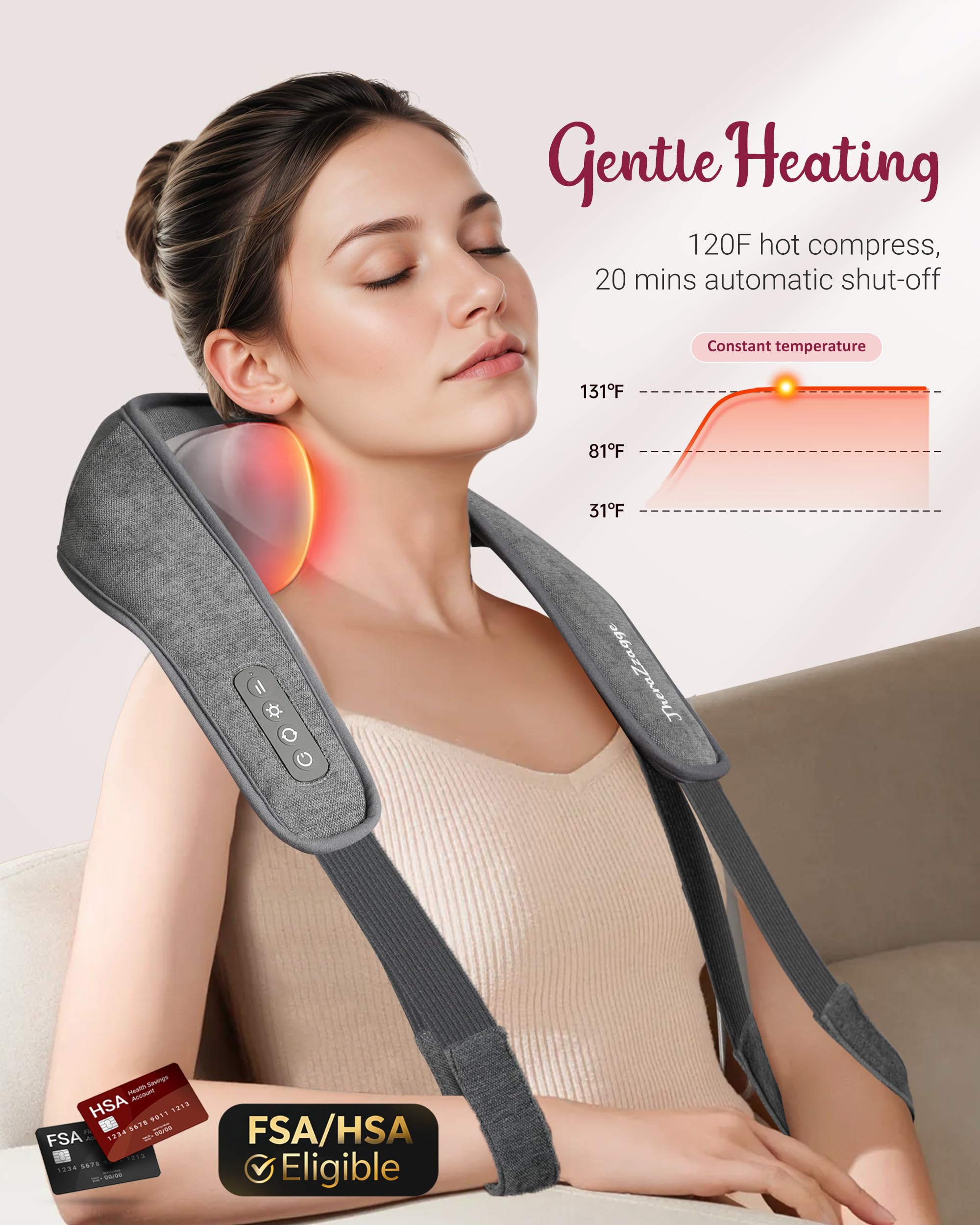 THERAZZAGGE Cordless Neck Massager with Heat - FSA Eligible HSA Neck Shoulder Massager for Pain Relief Deep Tissue,6D Deep Kneading Shiatsu Back Massage, Gifts for Fathers Men Women 1