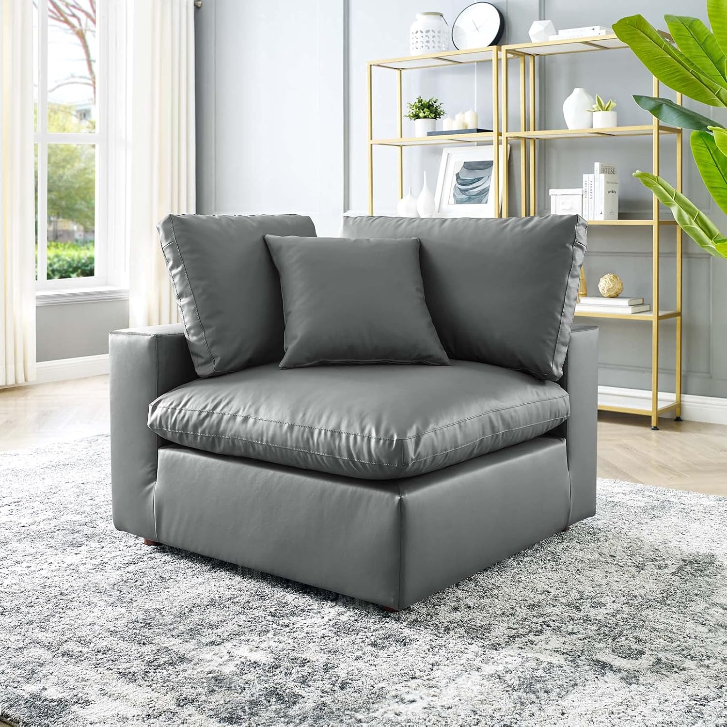 Modway EEI-4696-GRY Commix Down Filled Overstuffed Vegan Leather Corner Chair, Gray