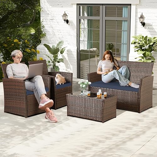 Miniatura 9 de FHFO Juego de muebles de patio al aire libre de 4 piezas, juego de sofá seccional de conversación, mesa y sillas de ratán y sofá biplaza con cojines