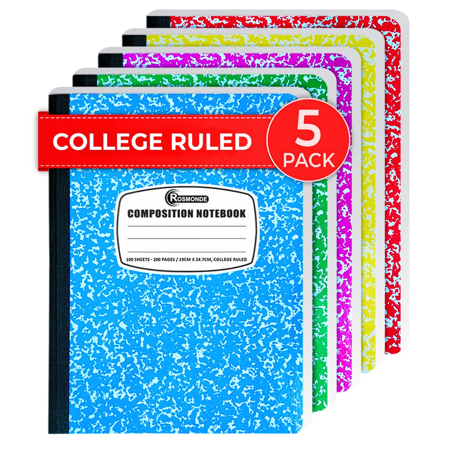 Rosmonde 5 Pack Composition Notebooks College Ruled, 200 No Bleed Pages (100 Sheets) 9-3/4x7-1/2 Notebooks for Work, Back to School Supplies for College Students, Notebooks for Women, Colors May Repeat