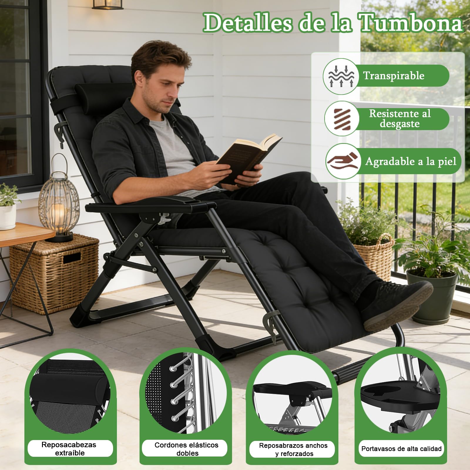 Silla Tumbona Plegable Negro Gravedad Cero 72 cm Ancha Tumbonas Jardin Exterior con Almohada Cervical Desmontable, Cojín y Funda Tumbona, Ideal para Terraza, Jardín, Playa