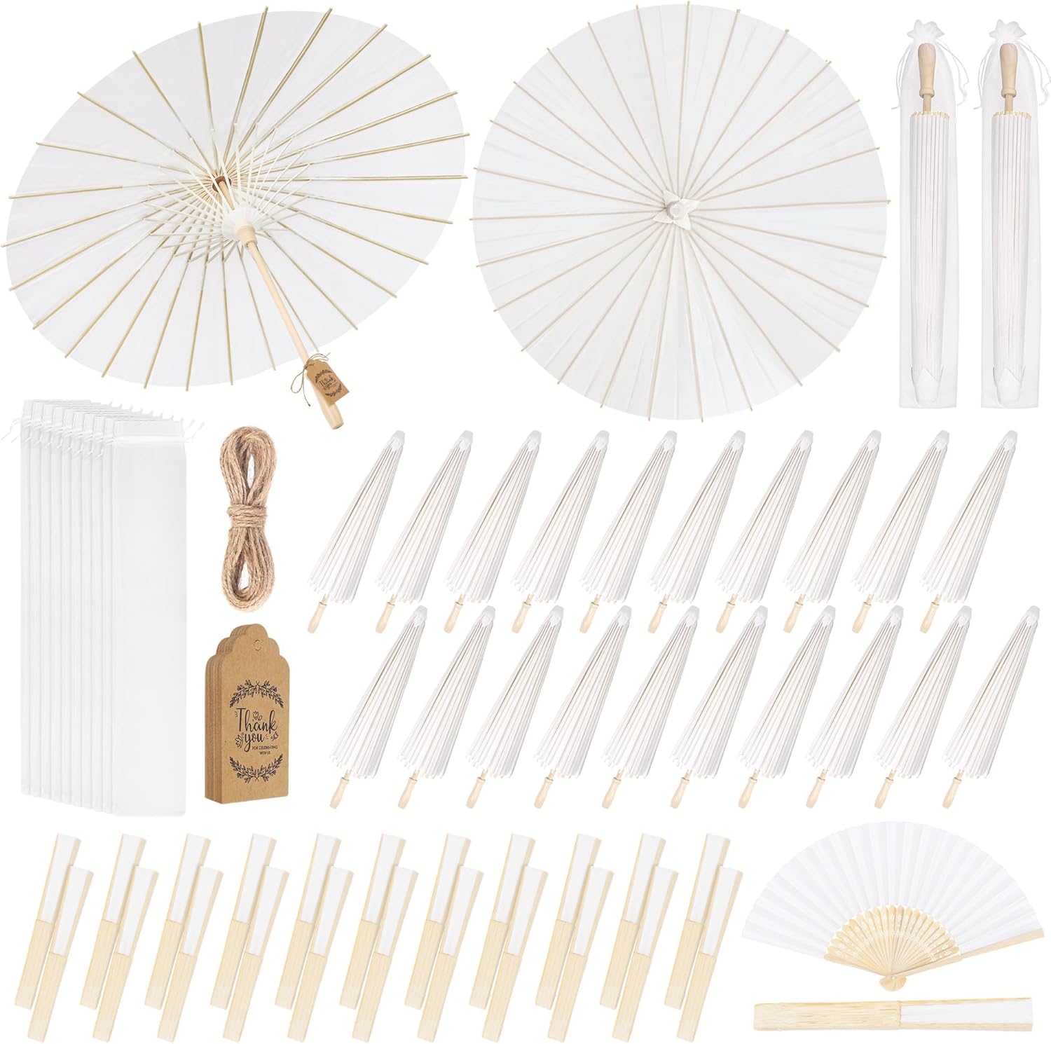 Aodaer 24 Packs Wedding Paper Umbrellas White Hand Fans with Thank You Tags Organza Bags 33 Inch Decorative Oiled Umbrellas Chinese Japanese DIY Parasol Painting Crafts for Wedding Bridal Party Decor
