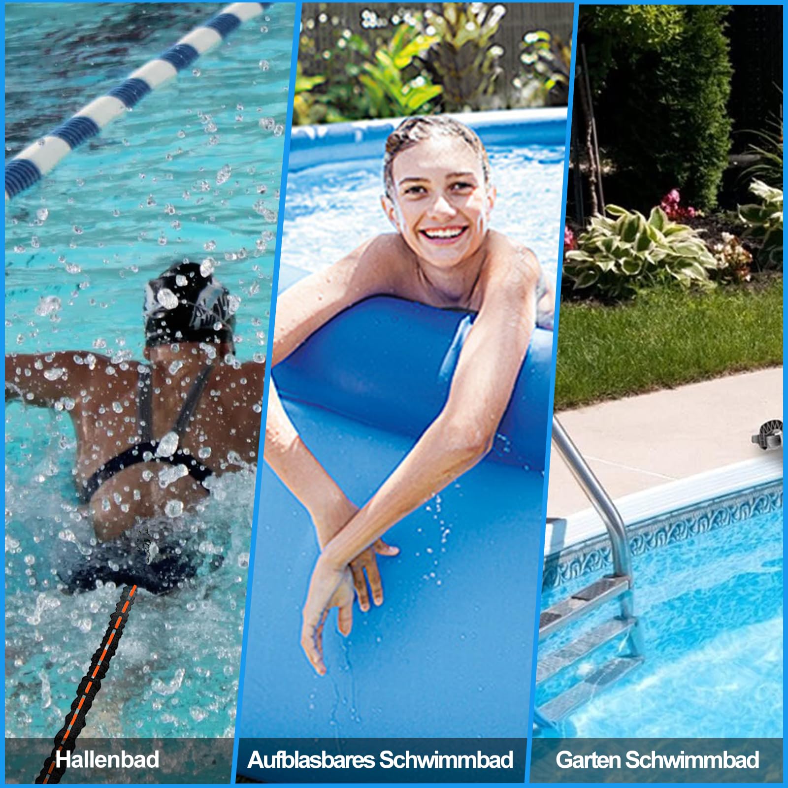 Schwimmgurt Pool für Erwachsene & Kinder, Schwimmhilfe mit 4-7,5 M Elastischen Gummibändern,Schwimmtrainer Gürtel für Jedes Schwimmbad Ohne Gegenstromanlage, Einstellbare Schwimmleine