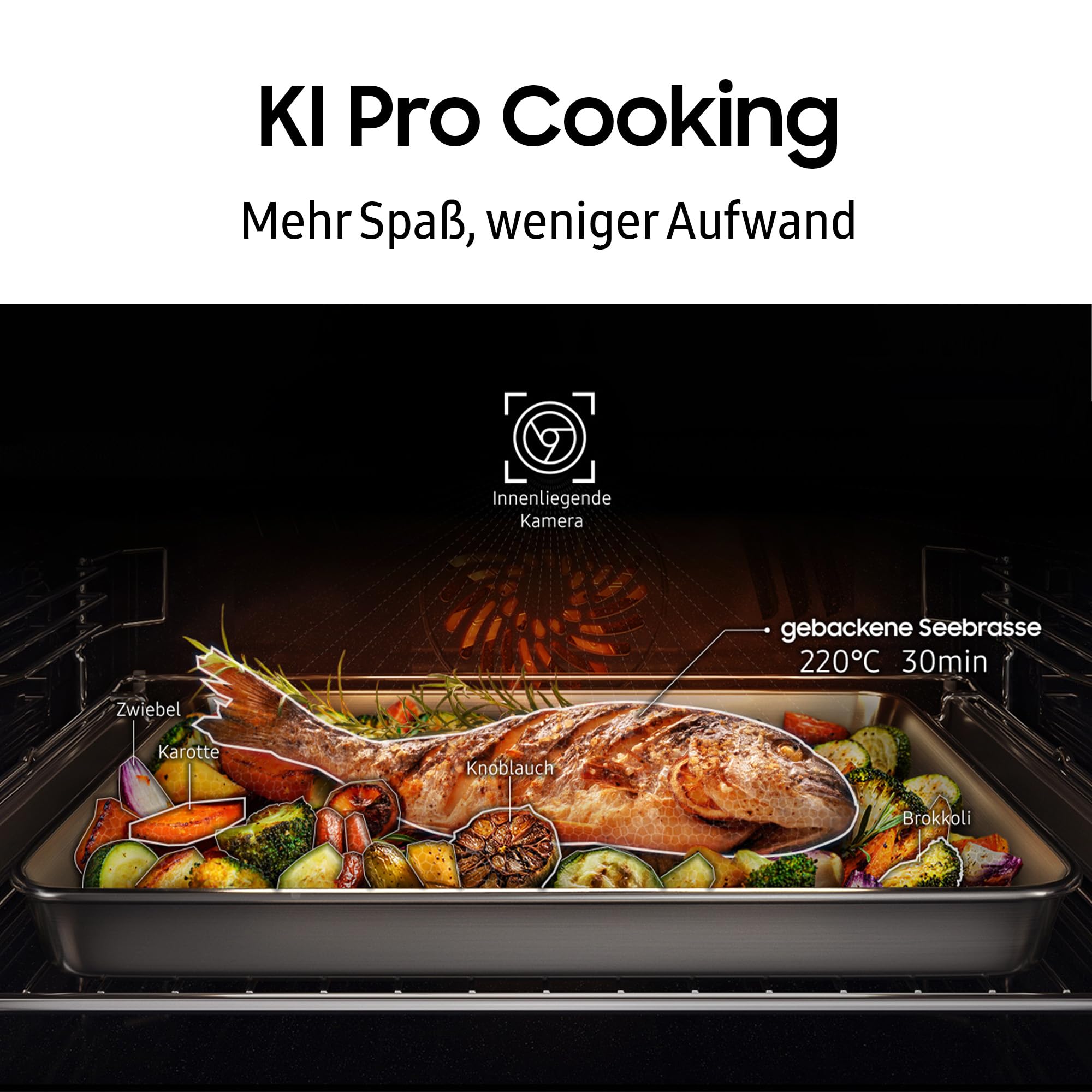 Samsung NV7B7997ADK/U1 Dual Cook Einbaubackofen, Dampfgaren mit 700-ml-Wassertank, 76 l, Pyrolytische Selbstreinigung, Automatische Türöffnung, Kamera, SmartThings Cooking, Air Fry, Schwarzes Glas