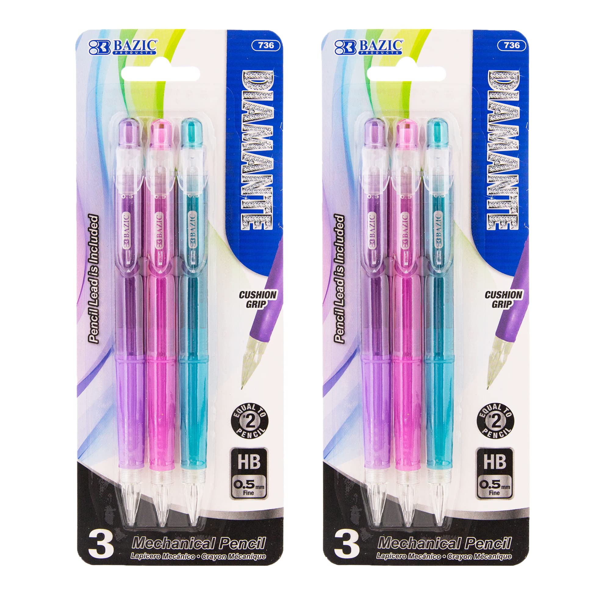 BAZIC Products Mechanical Pencil 0.5mm Diamante, Soft Grip Latex Free Eraser, Smooth Writing Pencils Lead for Drafting Drawing Sketching (3/Pack), 2-