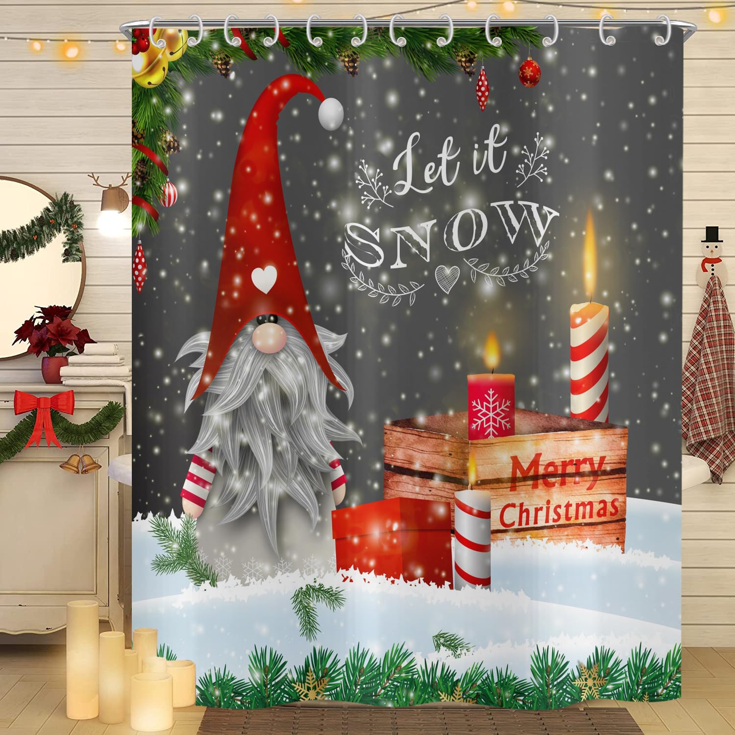 Hnmdmyi Christmas Shower Curtain 150x180, Cute Gnome Let it Snow Winter Xmas Holiday Bathroom Curtains with Hooks Waterproof Polyester Fabric Washable Bath Curtains for Wet Room