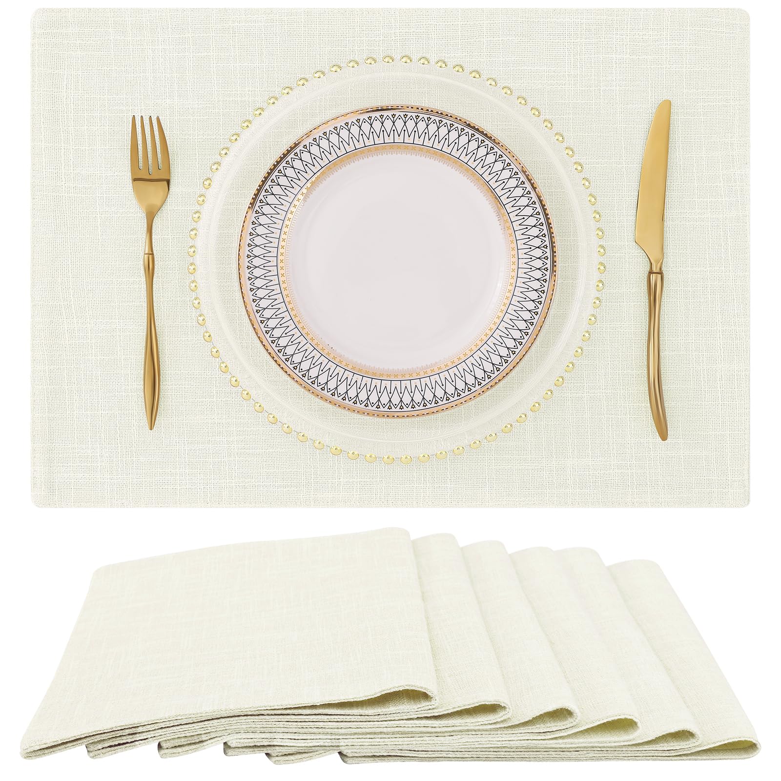 homing Cotton Linen Placemats Set of 6, Cloth Washable Farmhouse Dining Table Mats for Indoors & Outdoors, Easy to Clean, Cream, 13 x 19 Inch