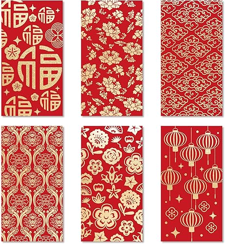AnyDesign - 48 sobres rojos de año nuevo chino, festival de primavera, bolsillo de dinero de la suerte, patrón de lámina de oro rojo, Hong Bao para