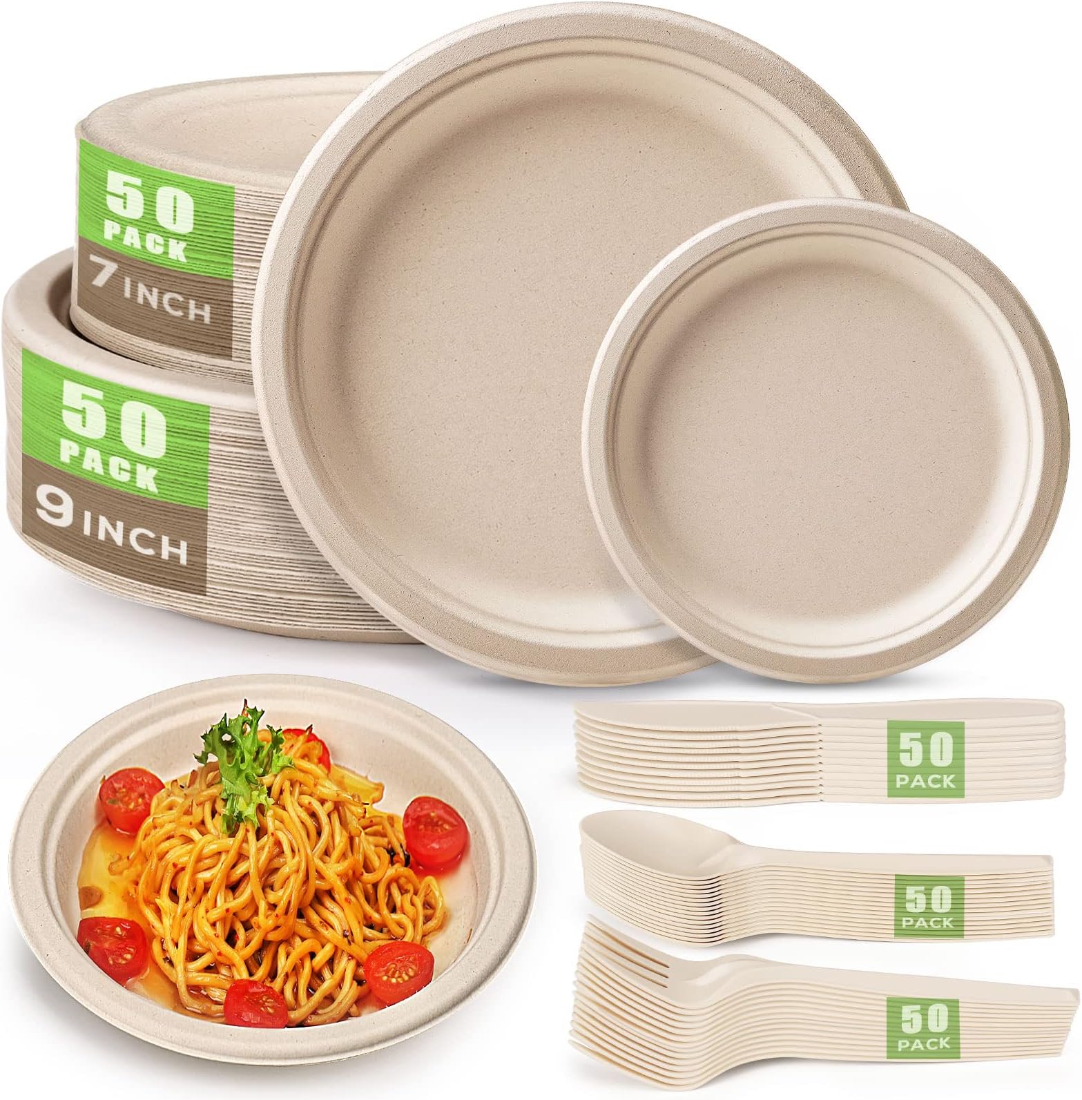 RESTYLIFE 300pcs Compostable Paper Plates Set HeavyDuty Biodegradable Plates