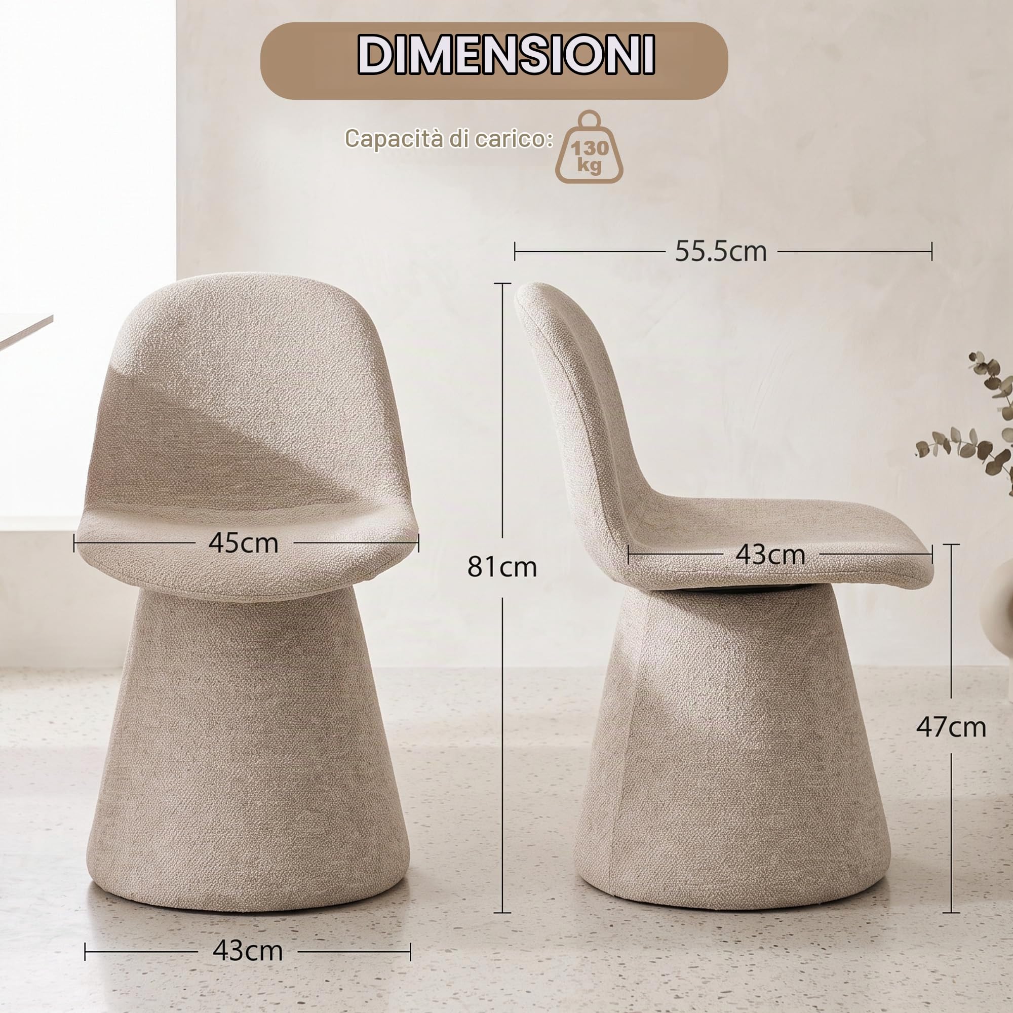 Duhome Sedia da pranzo girevole a 360 gradi in tessuto bouclé moderna poltrona lounge imbottita per cucina, soggiorno, camera da letto, corridoio, beige