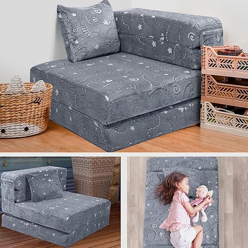 Miniatura 8 de MeMoreCool Colchón de suelo para niños que brilla en la oscuridad, sofá convertible, futón plegable, cama para sala de juegos de bebé (dinosaurio