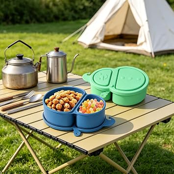Silicone Reusable Snack Containers with Lids, 2 Compartment 8 oz Food Storage Containers Snackle Condiment Boxes Salad Dressing Sauce Seasoning Small Box for Travel Office Picnic 2 Pack