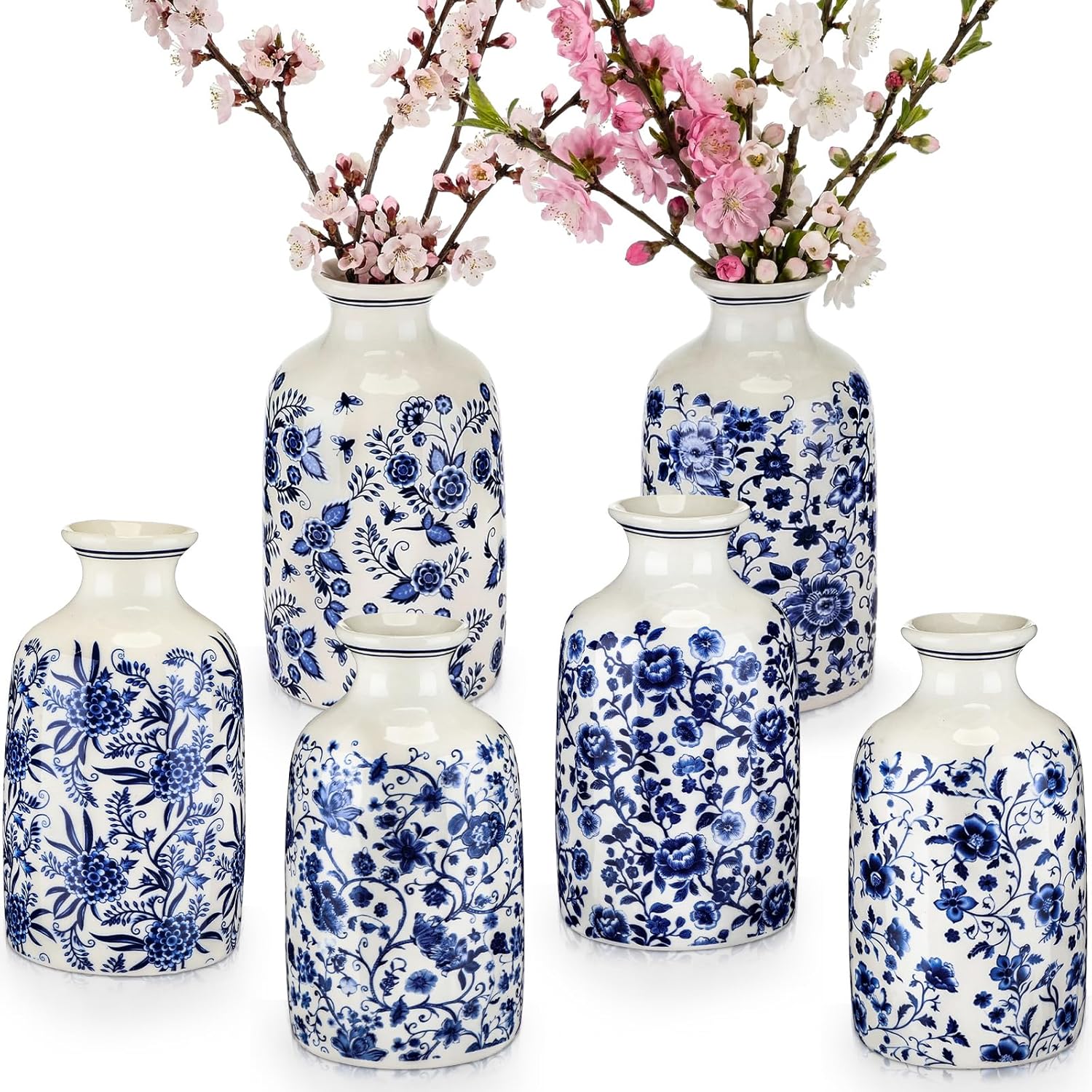6 Pcs Blue and White Vase Ceramic Chinoiserie Vase Porcelain Small Oriental Bud Ceramic Chinese Flower Jardiniere for Home Office Table Centerpiece