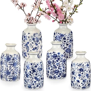 6 Pcs Blue and White Vase Ceramic Chinoiserie Vase Porcelain Small Oriental Bud Ceramic Chinese Flower Jardiniere for Home Office Table Centerpiece