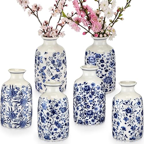 Teecyhooo 6 Pcs Blue and White Vase Ceramic Chinoiserie Vase Porcelain Small Oriental Bud Ceramic Chinese Flower Jardiniere for Home Office Table Centerpiece