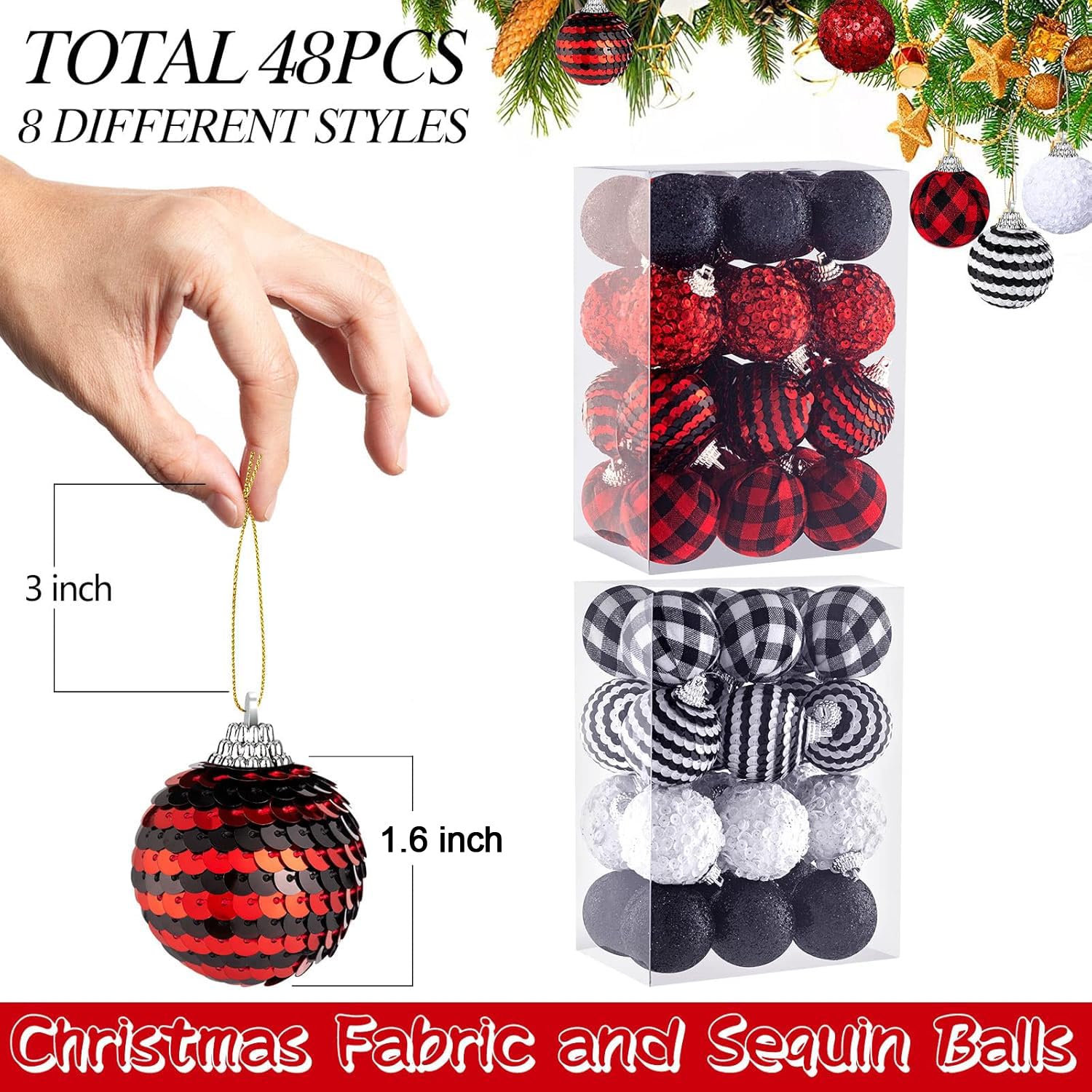 48 Boules De Noël Incassables à Paillettes 8 Cm - Décorations Sapin Avec Corde, Multicolores, Pour Intérieur/extérieur - 7