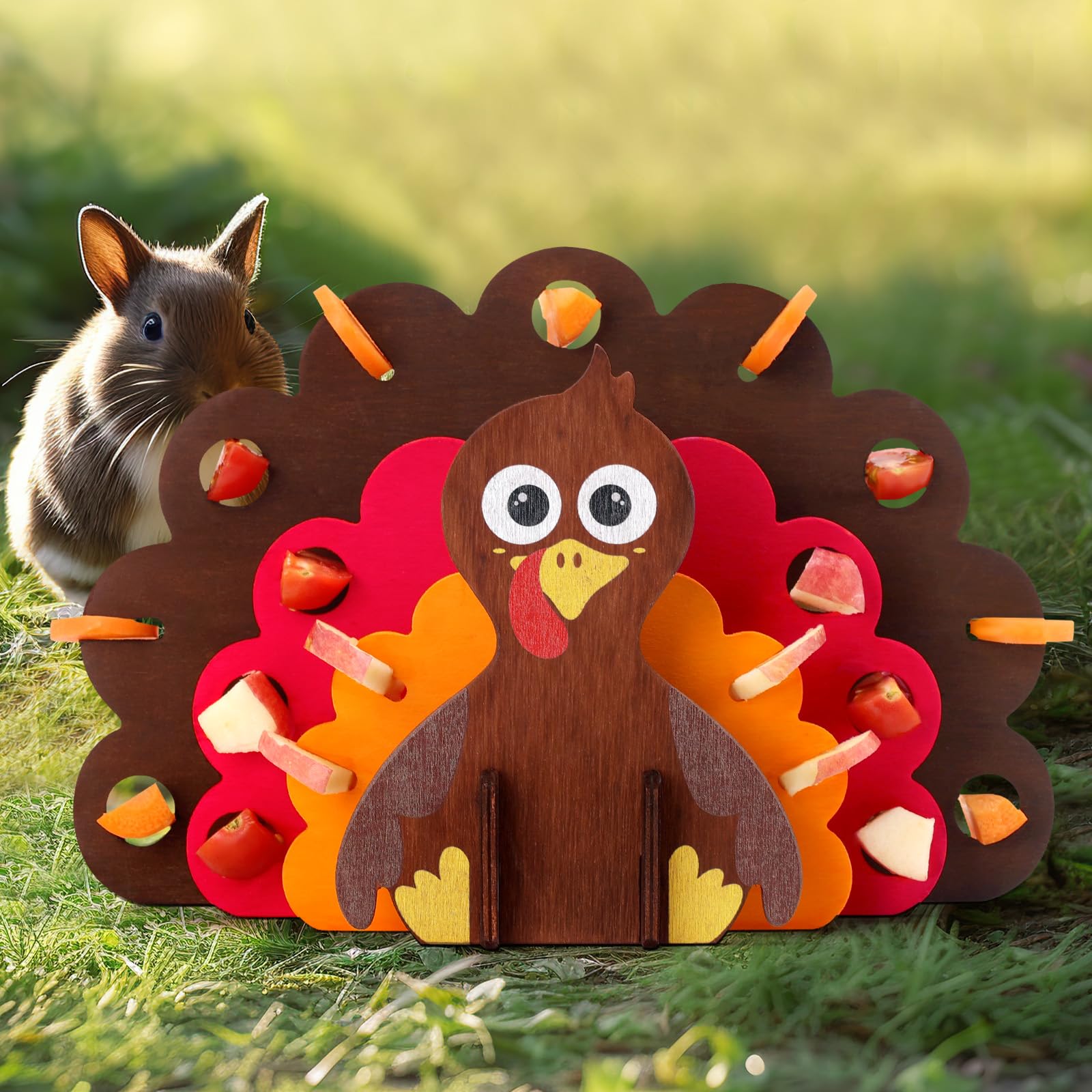 Xylolfsty Thanksgiving Guinea Pig Toys Rabbit Feeder Turkey Wooden Interactive Toy Hamster Chinchilla Bunny Treats Enrichment Toy Foraging Mental Stimulation Rabbit Accessories Habitat Decor Fall Gift
