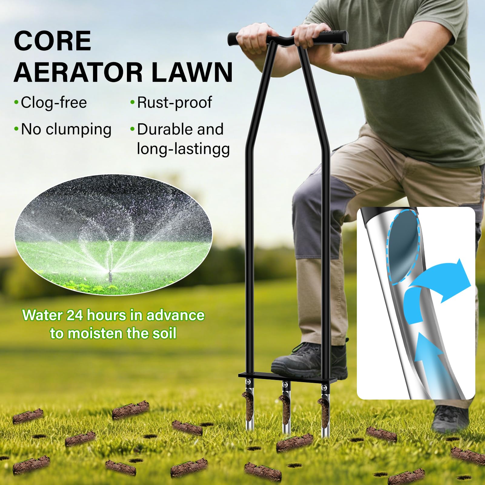 VASALAID Herramienta aireadora de césped, aireador de césped manual con 3 dientes huecos de acero inoxidable, herramienta de aireación de césped resistente para suelos compactados y cuidado del césped
