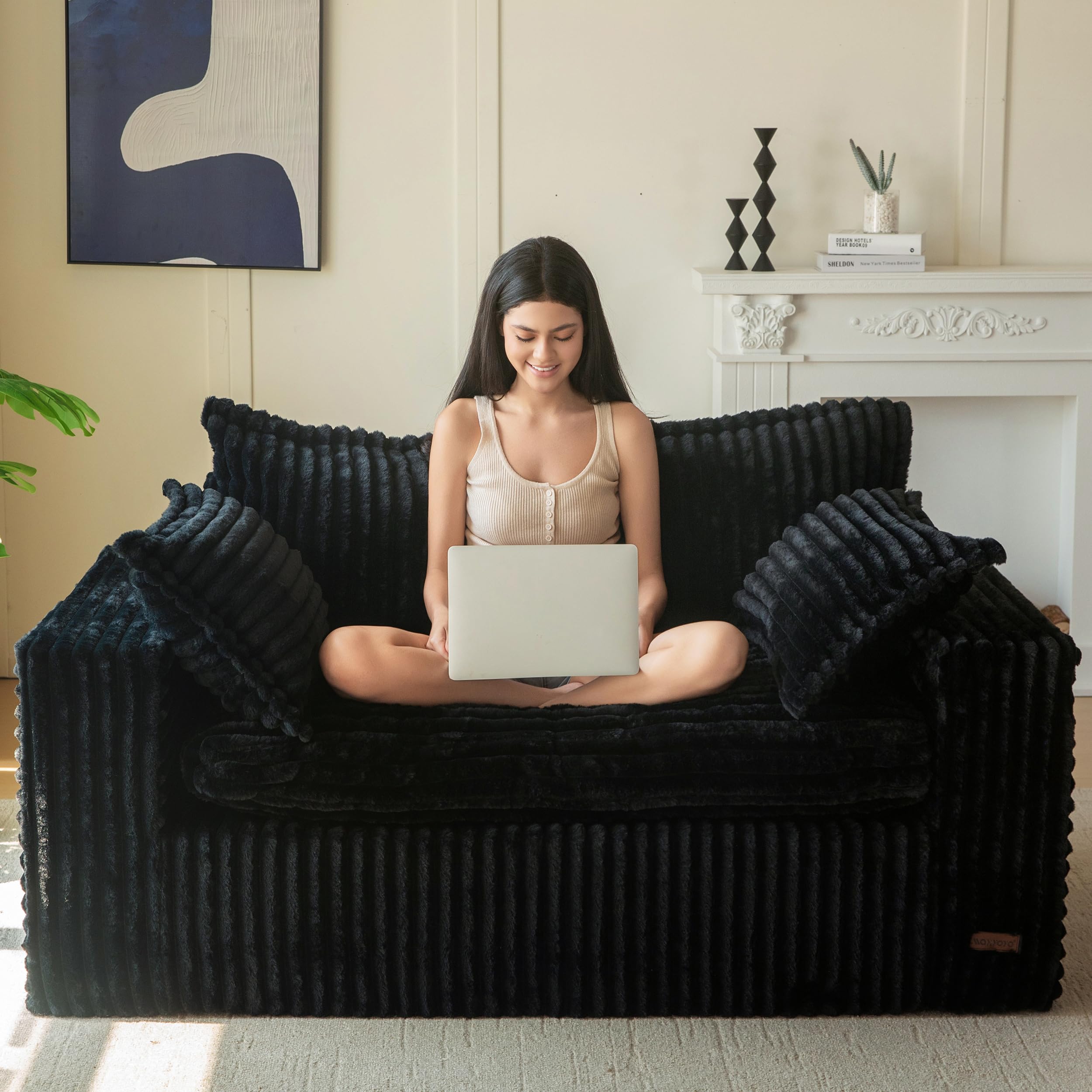 Puf para sala de estar, sofá biplaza tapizado con asiento profundo, reposabrazos anchos, sofá sin hueso en una caja para dormitorio, oficina, apartamento, sin montaje, color negro