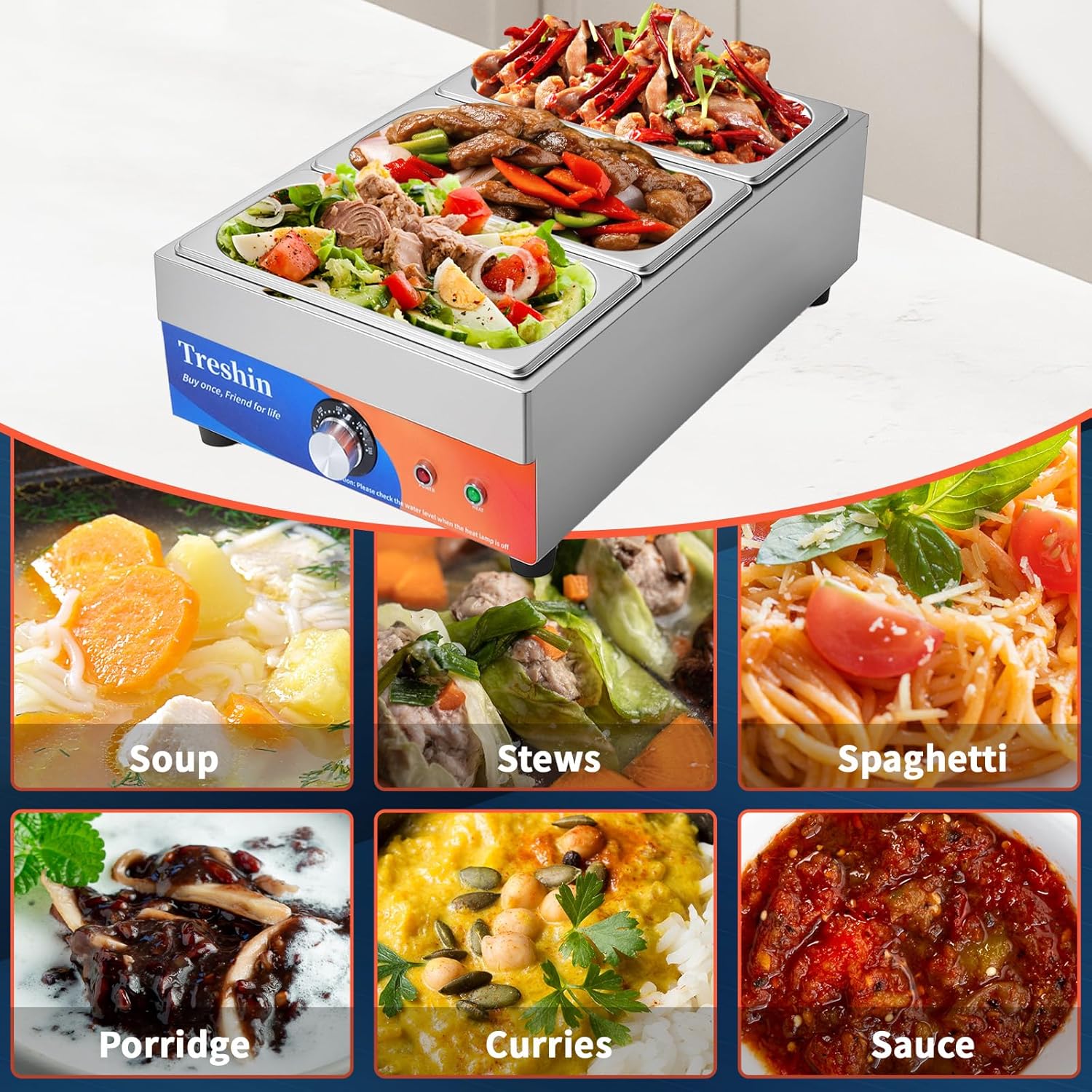 Treshin 3 Pan Commercial Food Warmer, Stainless Steel Bain Marie Food Warmers Steam Table 15 Qt 1200W with Temperature Control & Lid for Home, Catering, Restaurants