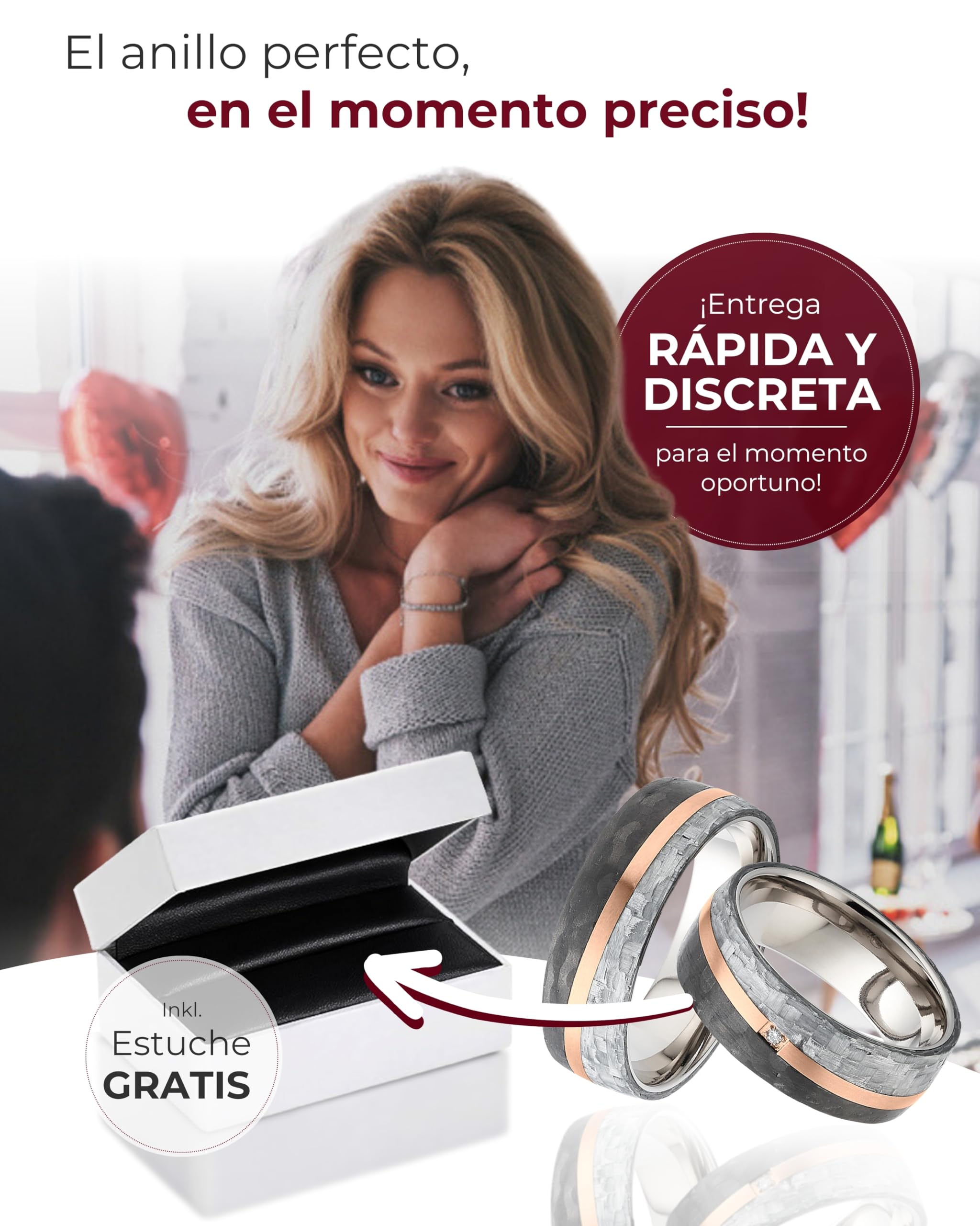123traumringe Anillos de boda de carbono, titanio y con baño de oro rosado, precio por par con 1 brillante, incluye grabado, alianzas de titanio para él y ella, anillos de boda, S88