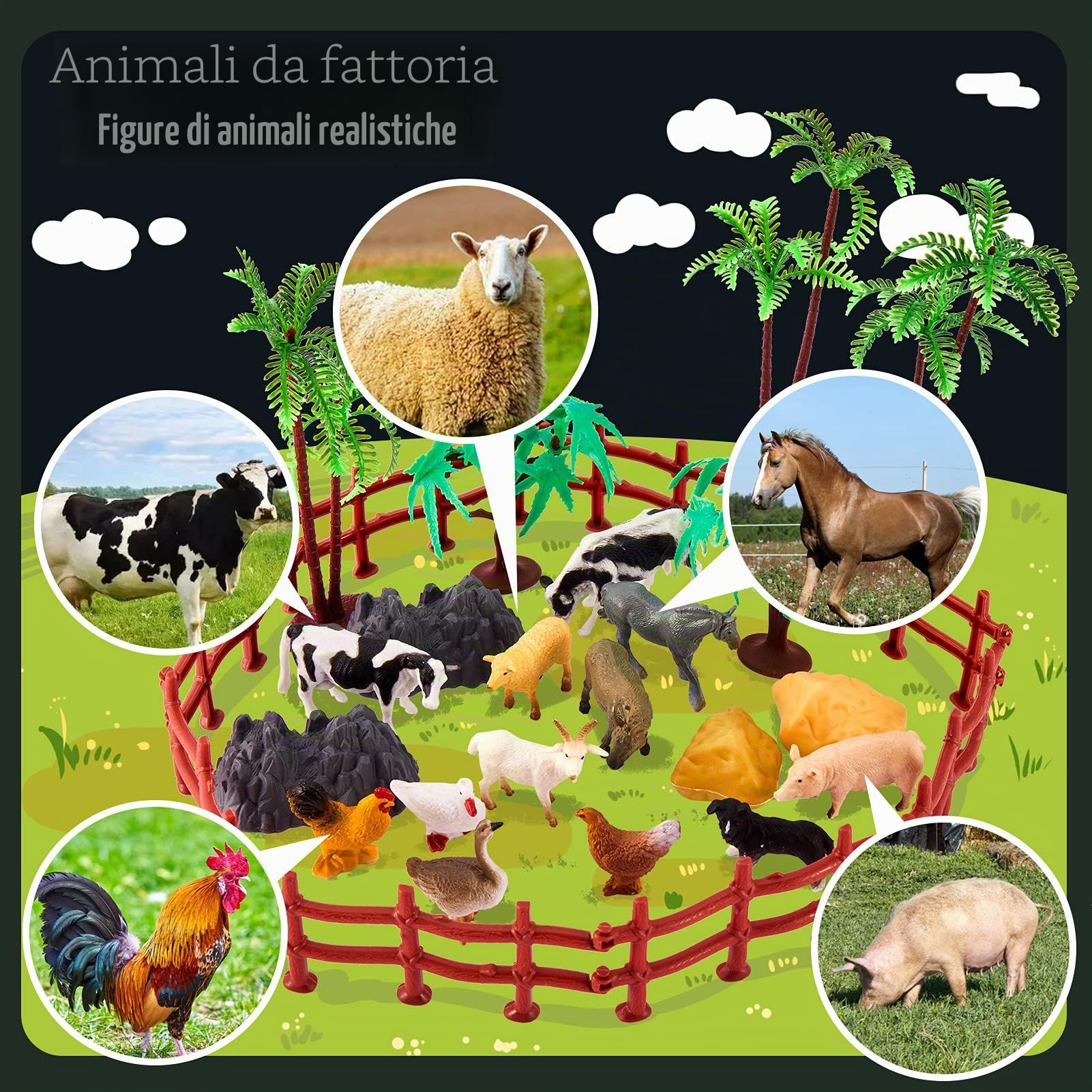 TOEY PLAY 3 in 1 Animali Giocattolo per Bambini, Animali Fattoria, Dinosauro Giocattolo, Animali Della Giungla, Giochi Bambini 3 4 5 6 Anni, 56 Pezzi, Mini Animali Realistici con Valigia