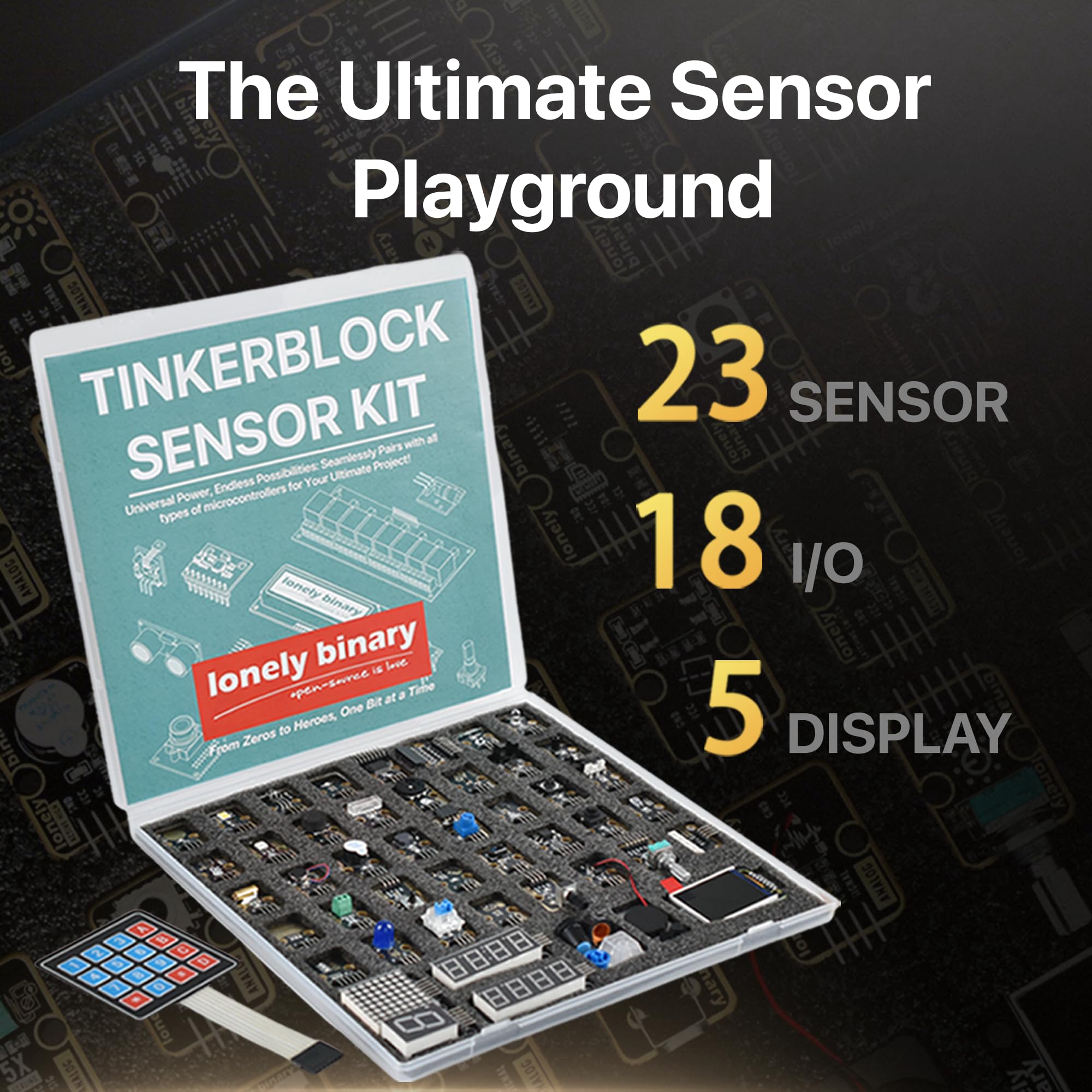 Lonely Binary TinkerBlock Kit modulo sensore 46 pezzi Gold Edition, senza piombo | con tutorial compatibile con Arduino IDE, ESP32-S3, Raspberry Pi Pico | Starter Kit prototipazione fai da te