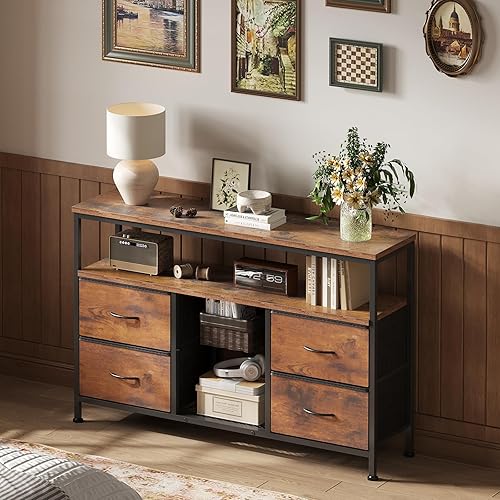 Miniatura 2 de Sweetcrispy Mueble de TV Cómoda para dormitorio, centro de entretenimiento con 4 cajones, con luces LED y tomas de corriente, consola multimedia