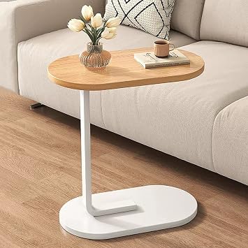 Oval C Shaped Side Table,Modern C Shaped End Table for Small Spaces,Couch Side Tables with Wood Top,Narrow Snack Table for Livingroom Bedroomv50x30x61cm20x12x24inch, White