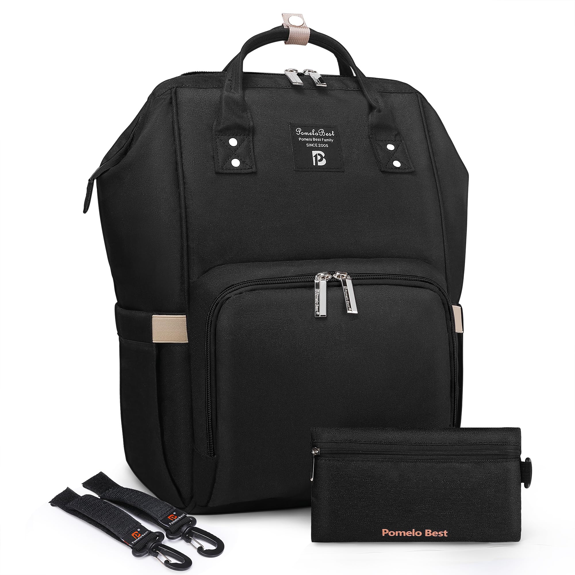Pomelo Best Zaino Mamma neonato Fasciatoio Bambino impermeabile Borsa Nappy Stoffa Oxford Grande capacità con Materassino fasciatoio, 2 tasche isolanti bottiglia per Viaggiare mamma papà, Nero