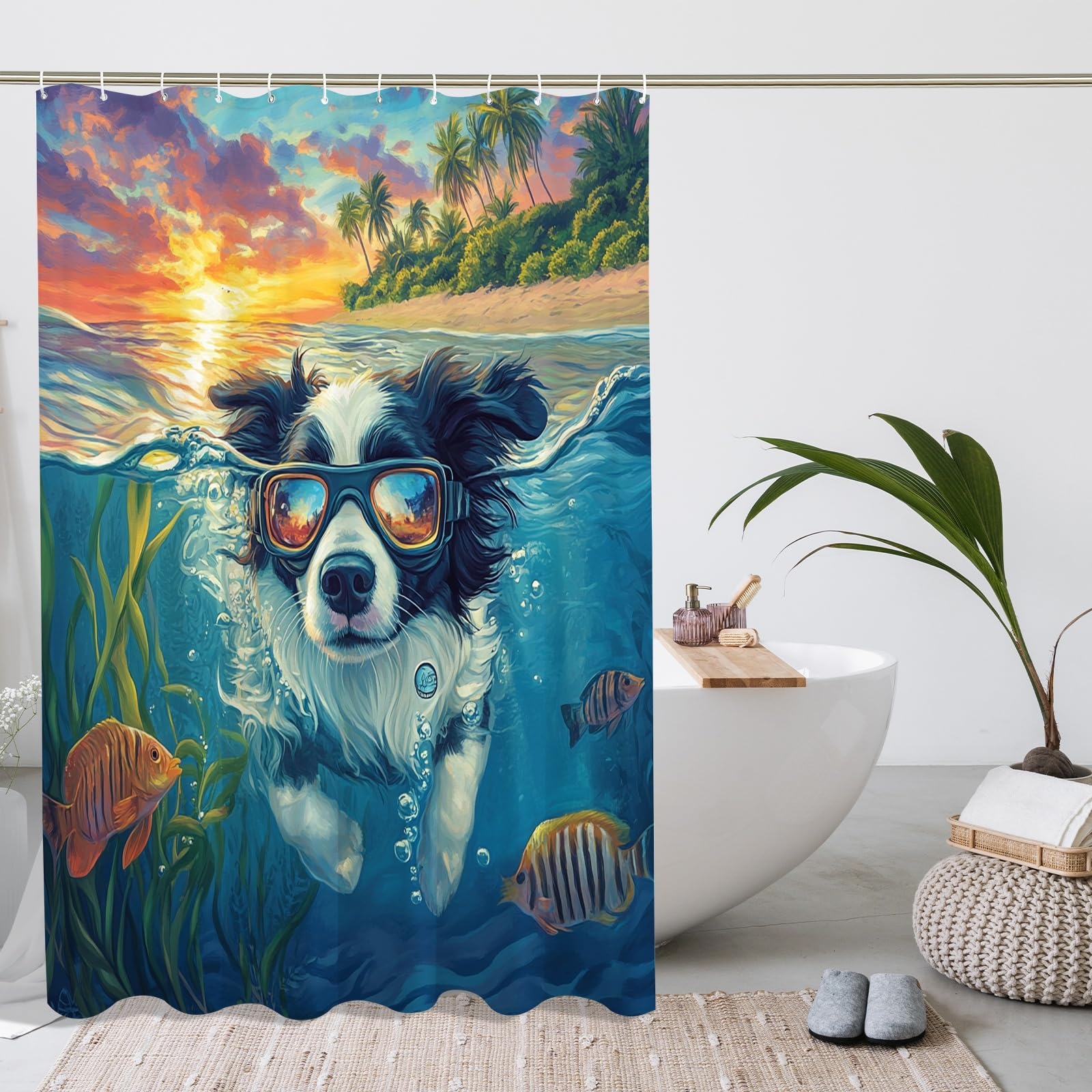 Border Collie Hunde-Duschvorhang-Set, lustiger Küstenstrand, Ozean, Haustier-Badezimmer-Dekoration, Bad-Polyestergewebe, dekorativ, 137 x 198 cm