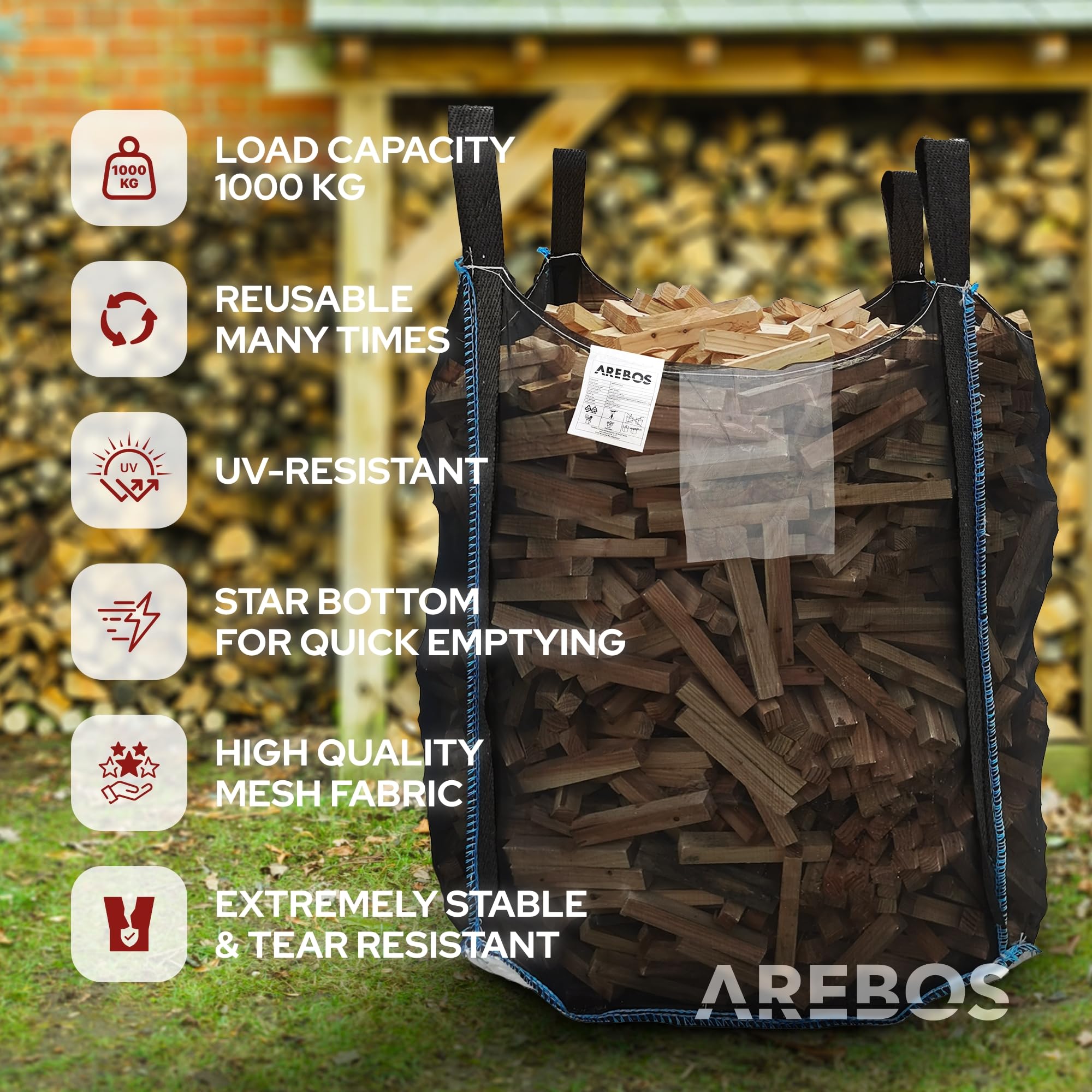 Arebos Bolsa grande | 100 x 100 x 120 cm, con 4 trabillas y delantal | capacidad de carga de 1000 kg | SF 5:1, EN ISO 21898 | saco para escombros de construcción, madera, residuos de