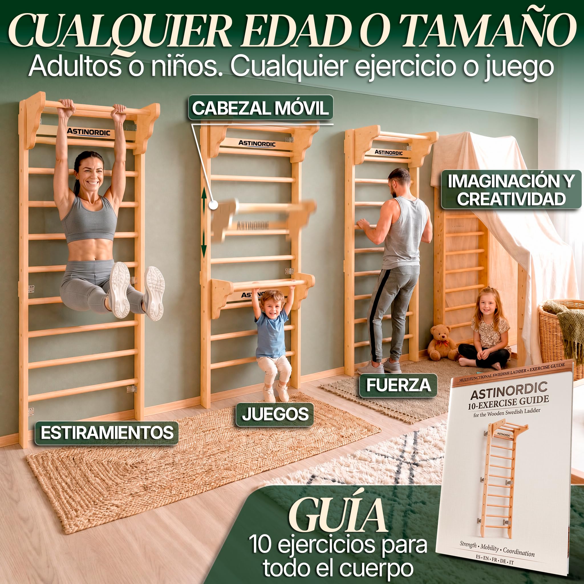 Espaldera Gimnasio Casa con Barra de Dominadas | Escalera Sueca Madera | Soporta hasta 150 kg | Montaje Fácil, Todo Incluido