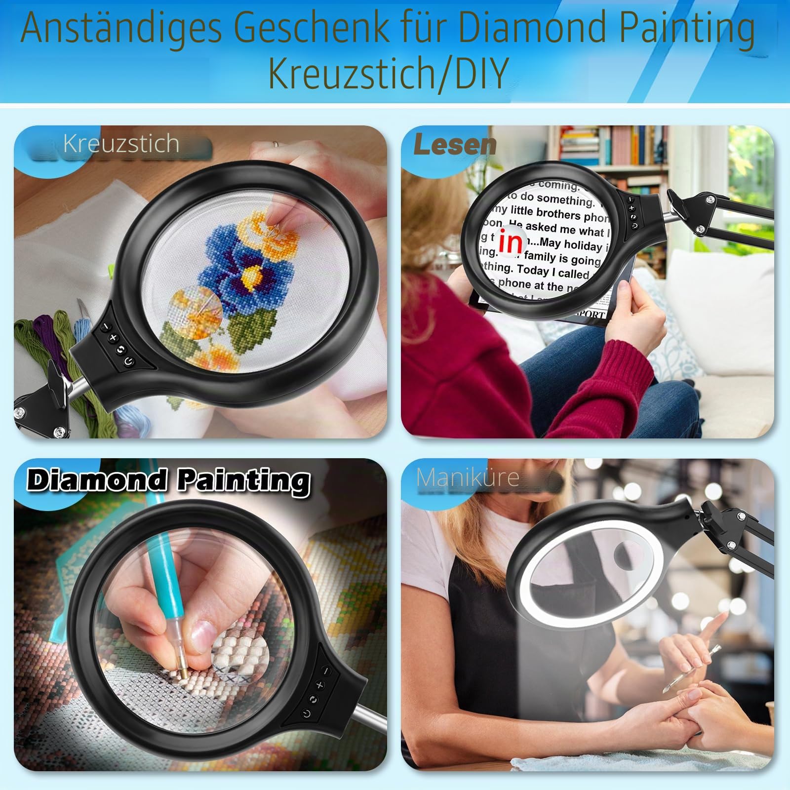 NZQXJXZ 30X 10X Große Lupe mit Licht und Ständer, 2-in-1 Lupenlampe | mit 36 Einstellbaren Helligkeits-LEDs, 3 Farbmodi, Beleuchtete Lupenleuchte für Lesen, Naharbeit, Nähen, Basteln, Hobbys