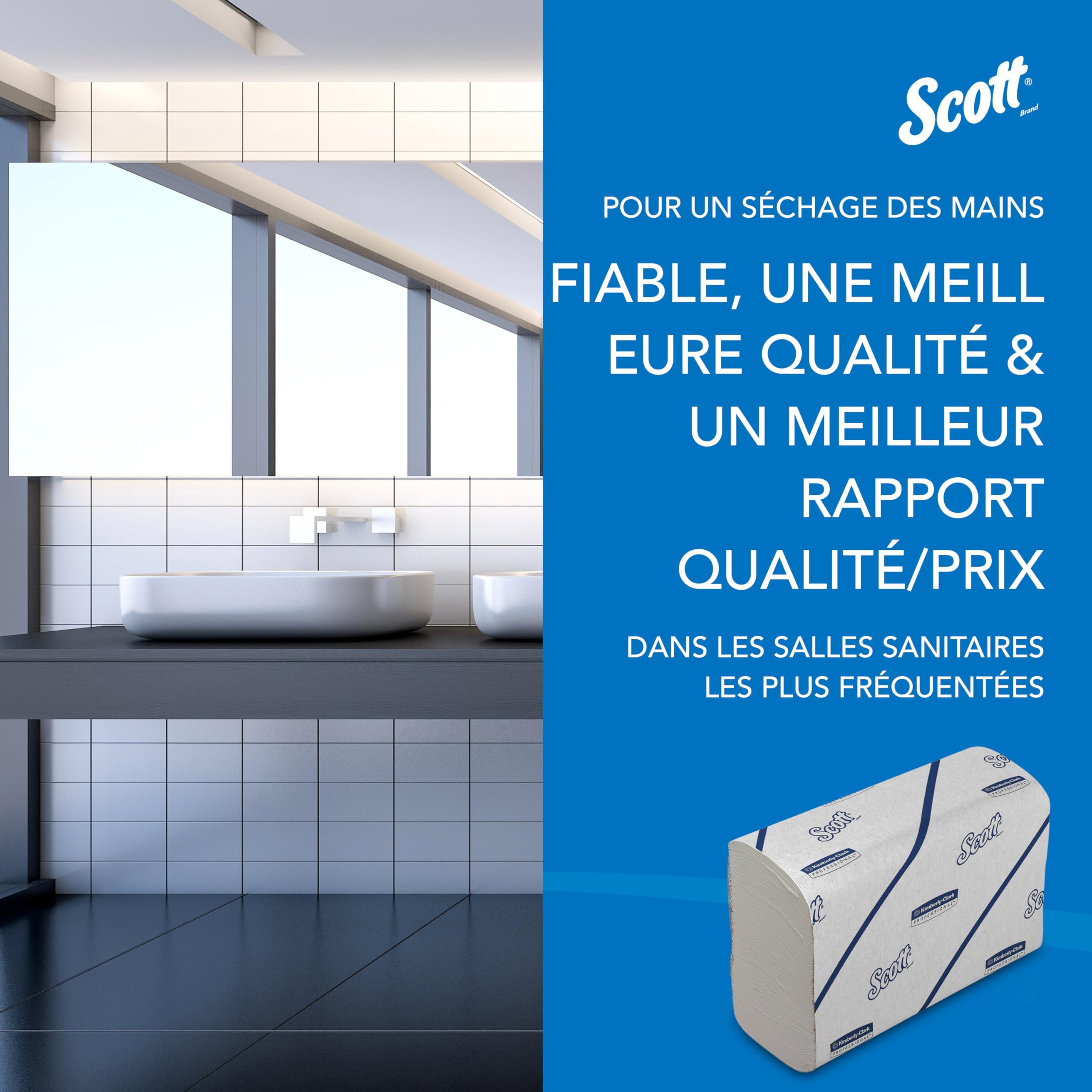 Essuie-mains Scott® EssentialTM 6603 – pliés, enchevêtrés en V, 2 Épaisseurs, Blancs, Absorbants & Écoresponsables – 12 Paquets x 220 Feuilles (2 640 au Total)