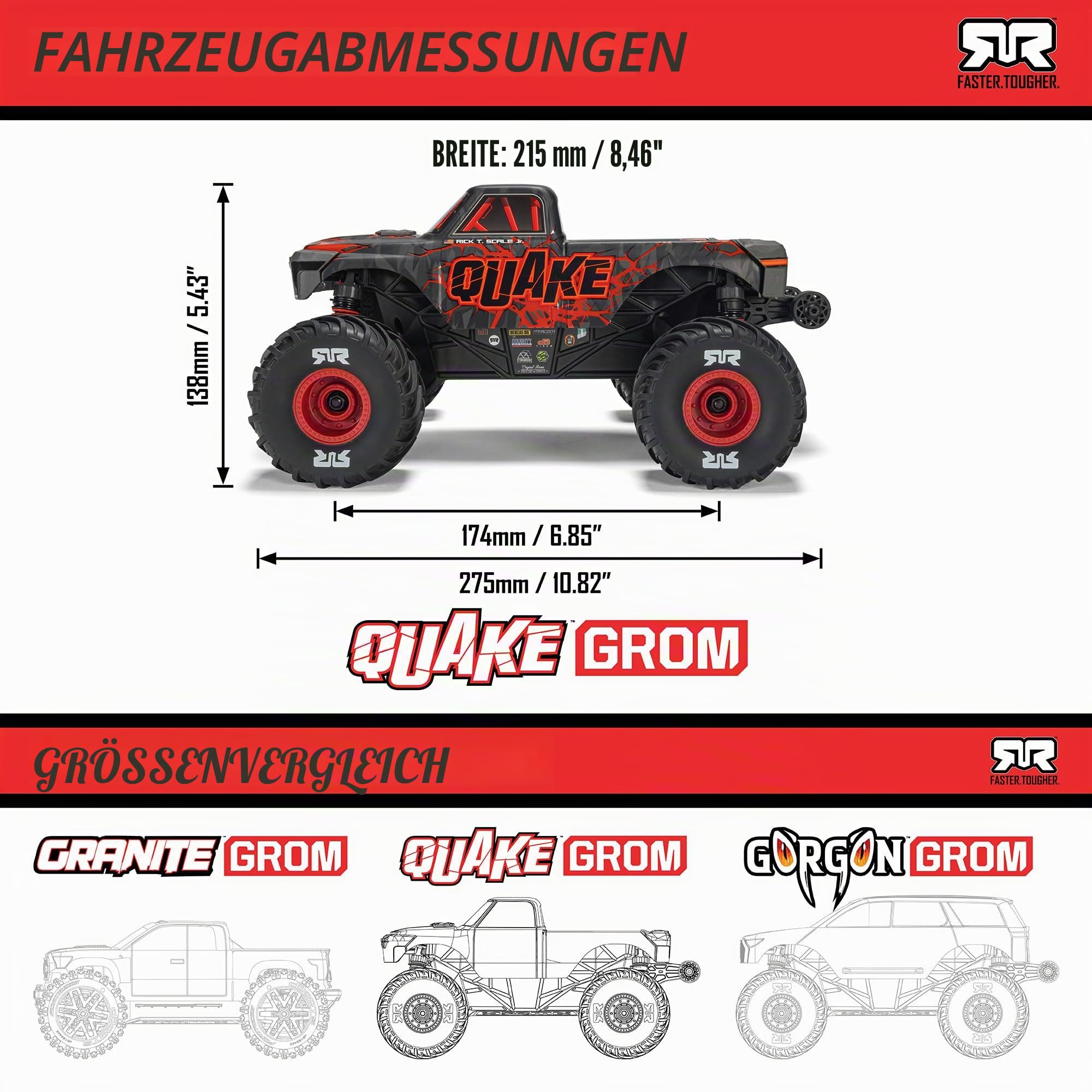 ARRMA RC Truck 1/16 Quake GROM 4X4 RTR Brushed Monster Truck (Akku & Ladegerät enthalten), Rot, ARA2137T1 | RC Truck, Akku & Ladegerät inklusive, ARA2137T1