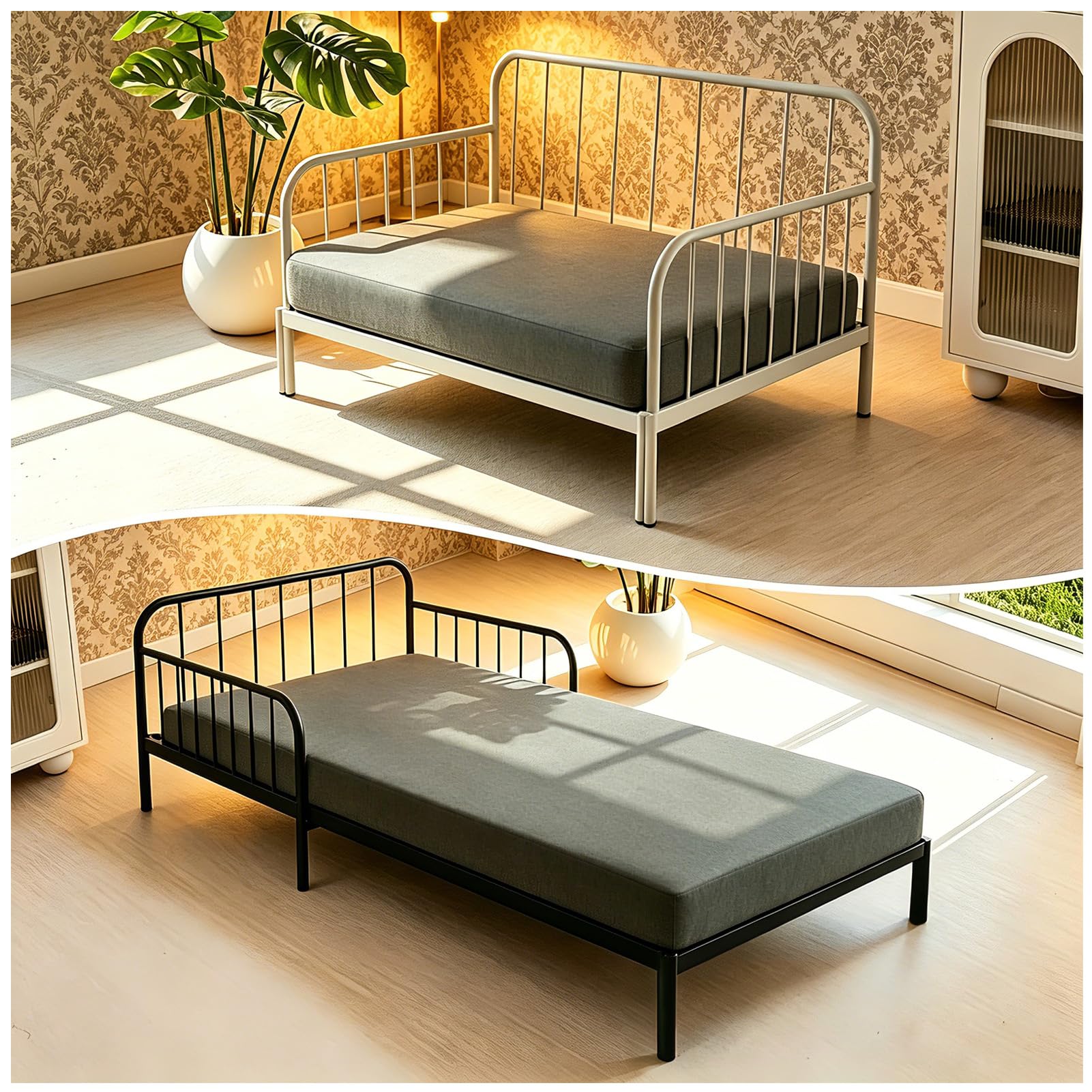 Generisch Multifunktionales Schlafsofa, Tagesbett Couch mit Metallrahmen, 2-Sitzer Schlafsofa mit Relaxfunktion, Wohnzimmermöbel Set Inkl Matratze,Weiß,122cm